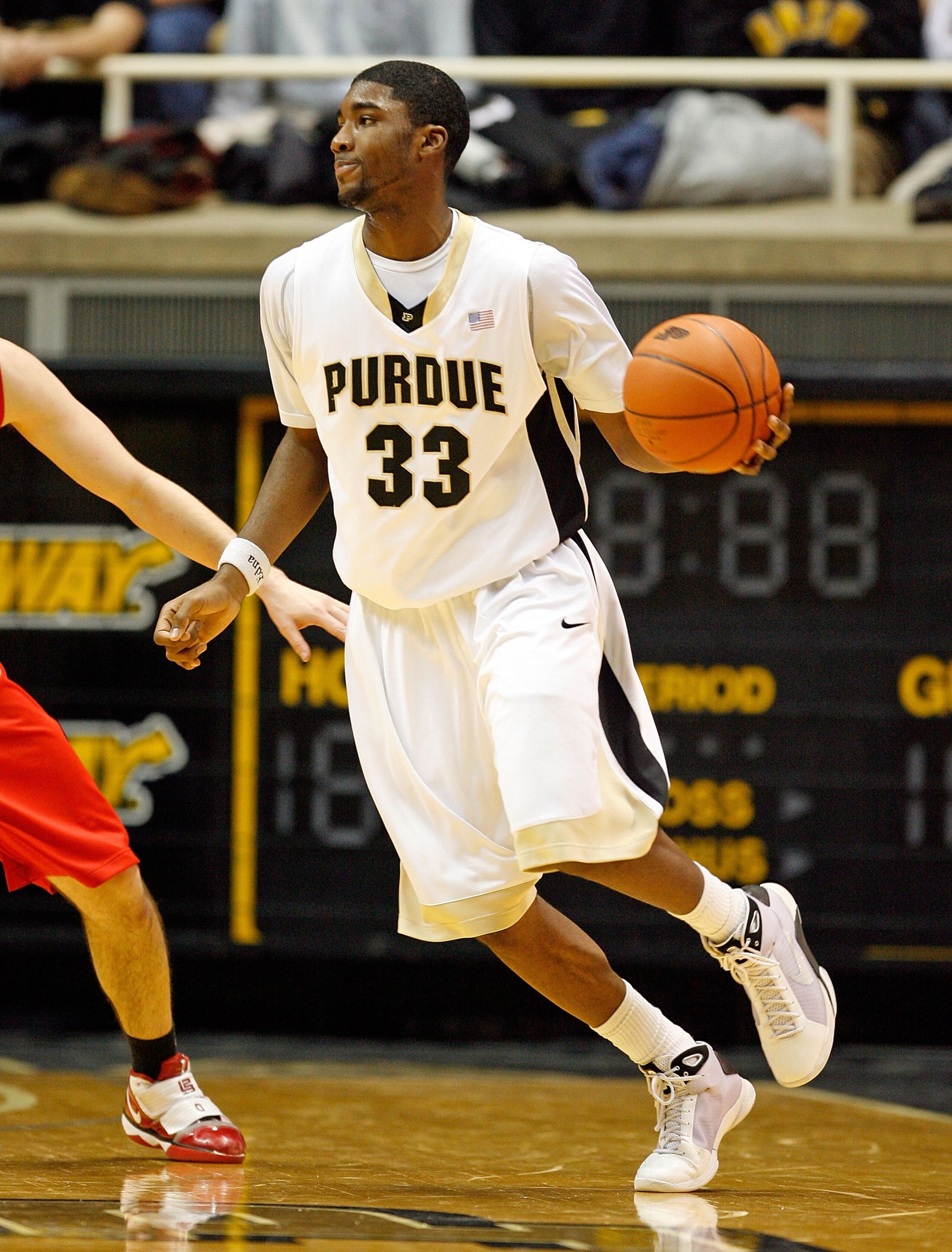 WEST LAFAYETTE, IN - JANUARY 12:  E'Twaun Moore #33 of the Purdue Boilermakers dribbles during the Big Ten game against the Ohio State Buckeyes at Mackey Arena on January 12, 2010 in West Lafayette, Indiana. Ohio State won 70-66.  (Photo by Andy Lyons/Get