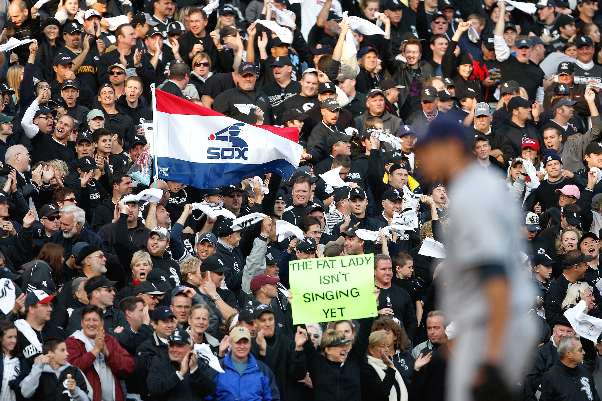 CHICAGO - OCTOBER 05:  Fans of the Chicago White Sox support their team as starting pitcher Matt Garza #22 (foreground) of  the Tampa Bay Rays stands on the mound in Game Three of the ALDS during the 2008 MLB Playoffs at U.S. Cellular Field on October 5,