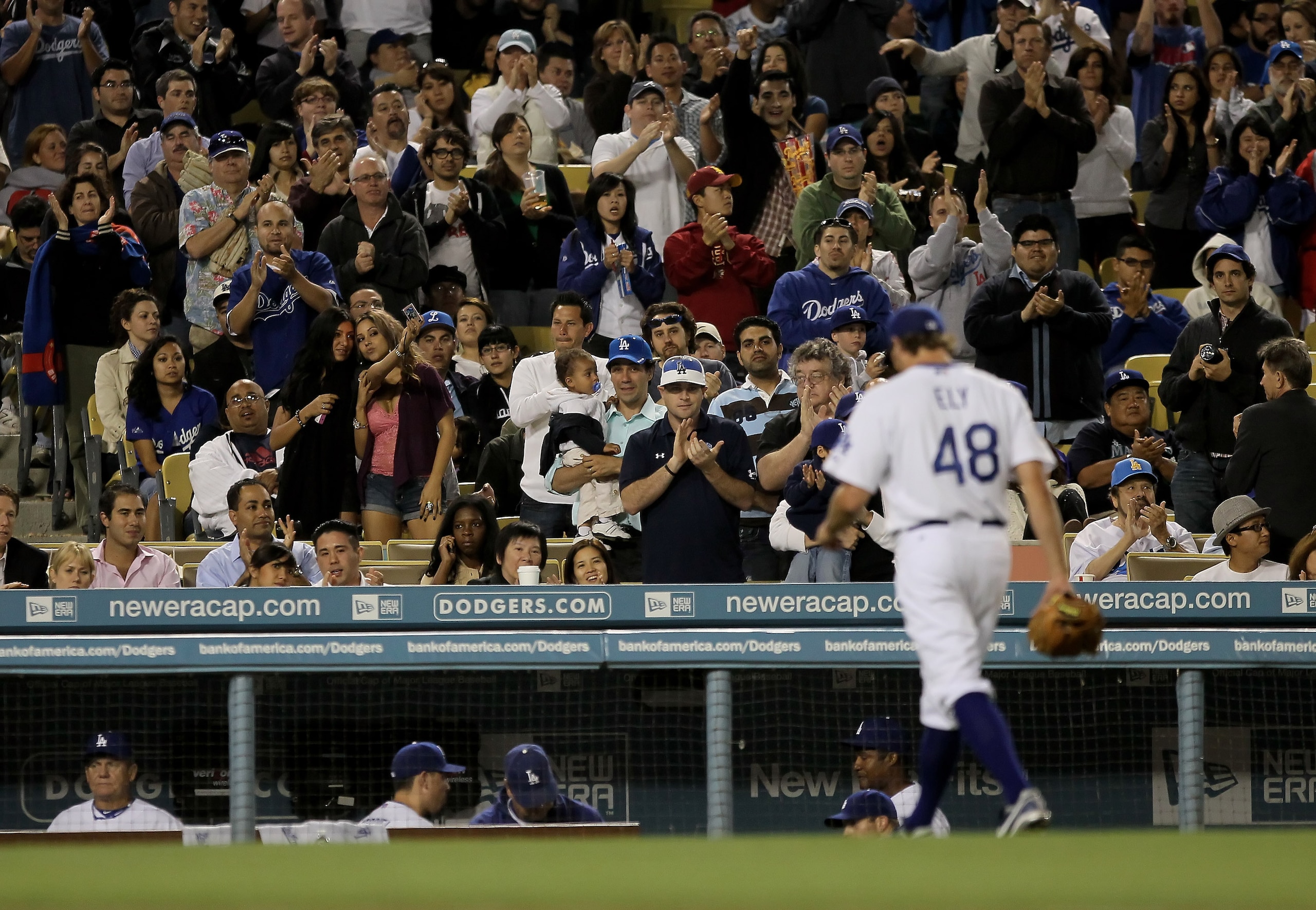 LOS ANGELES, CA - MAY 06:  Fans applaud starting pitcher John Ely #48 of the Los Angeles Dodgers as he comes out of the game in the seventh inning against the Milwaukee Brewers at Dodger Stadium on May 6, 2010 in Los Angeles, California.  (Photo by Jeff G