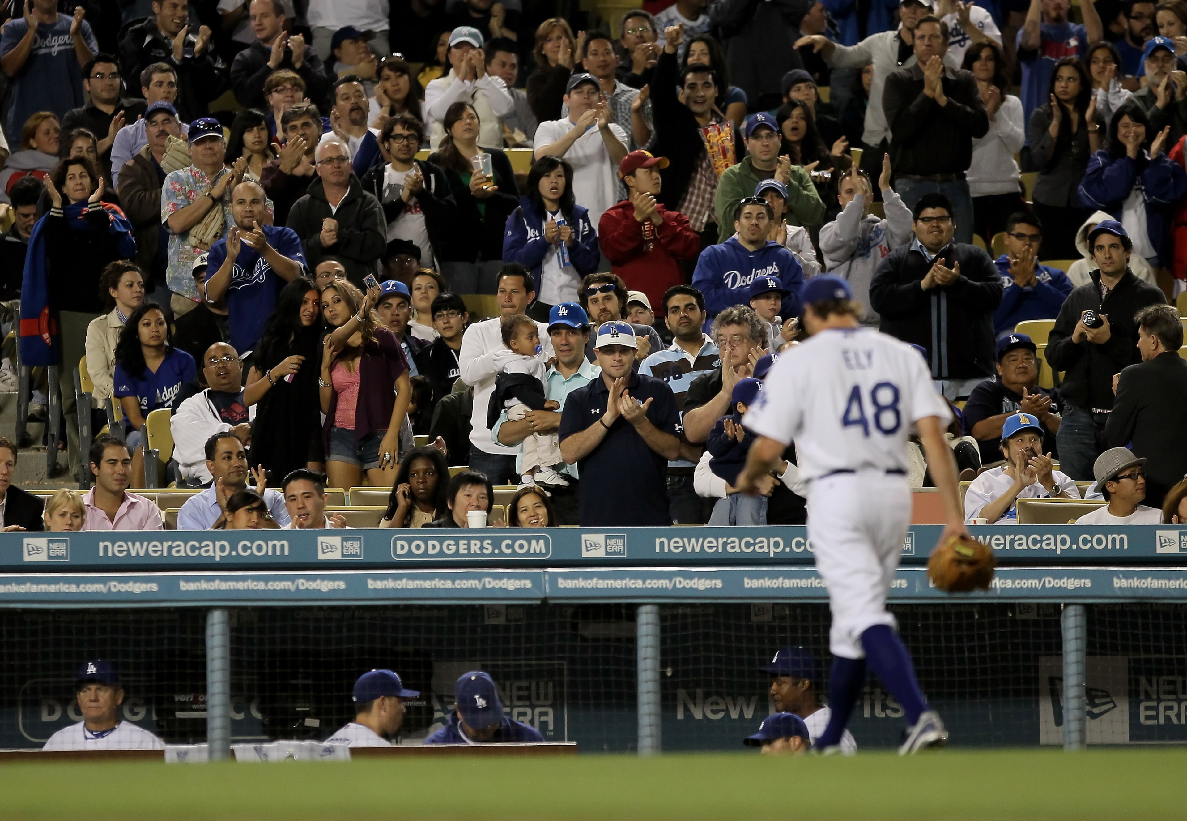LOS ANGELES, CA - MAY 06: Fans applaud starting pitcher John Ely #48 of the Los Angeles Dodgers as he comes out of the game in the seventh inning against the Milwaukee Brewers at Dodger Stadium on May 6, 2010 in Los Angeles, California. (Photo by Jeff G LOS ANGELES, CA - MAY 06: Fans applaud starting pitcher John Ely #48 of the Los Angeles Dodgers as he comes out of the game in the seventh inning against the Milwaukee Brewers at Dodger Stadium on May 6, 2010 in Los Angeles, California. (Photo by Jeff G