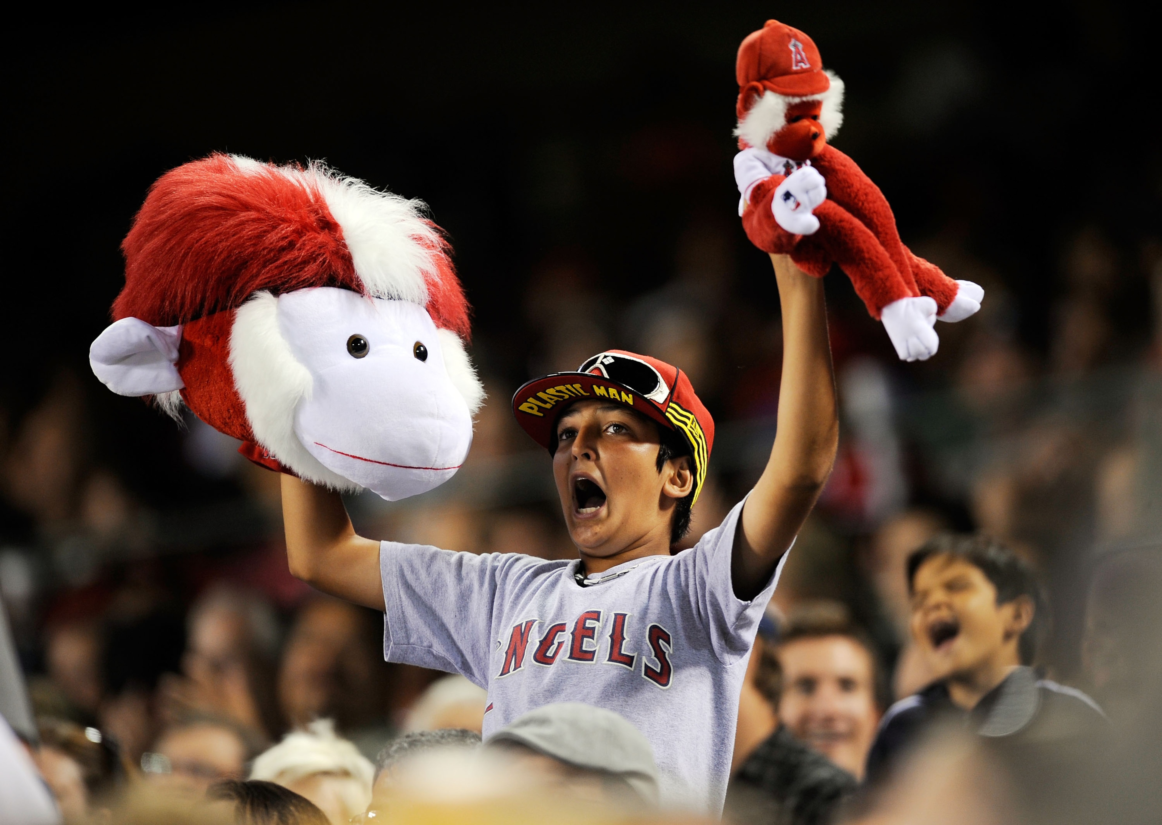 ANAHEIM, CA - JULY 23: A fan holds up his rally monkeys in support of the Los Angeles Angels of Anaheim in the sixth inning of the baseball game against the Minnesota Twins on July 23, 2009 in Anaheim, California. (Photo by Kevork Djansezian/Getty Imag ANAHEIM, CA - JULY 23: A fan holds up his rally monkeys in support of the Los Angeles Angels of Anaheim in the sixth inning of the baseball game against the Minnesota Twins on July 23, 2009 in Anaheim, California. (Photo by Kevork Djansezian/Getty Imag