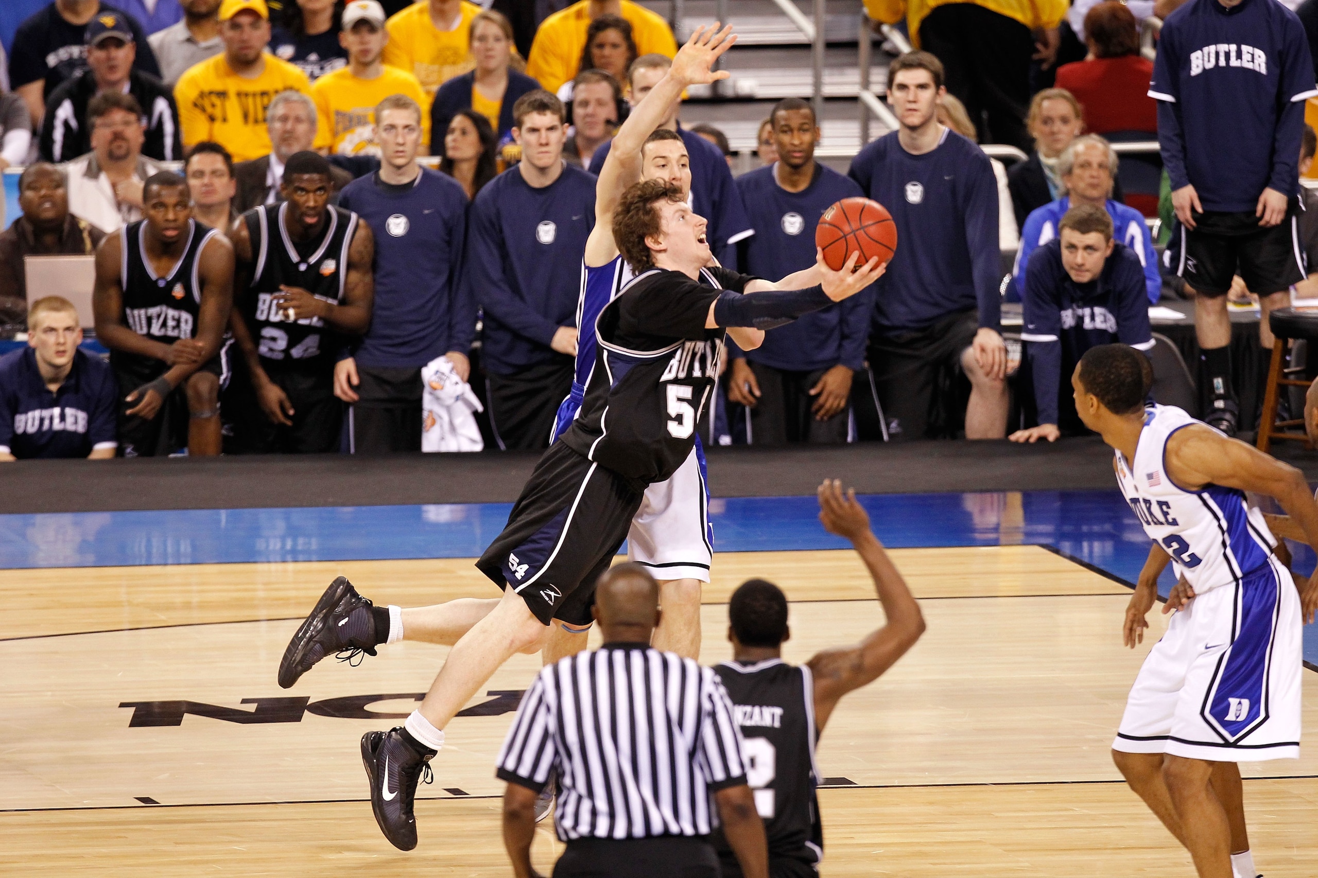 INDIANAPOLIS - APRIL 05:  Matt Howard #54 of the Butler Bulldogs drives for a shot attempt against the Duke Blue Devils during the 2010 NCAA Division I Men's Basketball National Championship game at Lucas Oil Stadium on April 5, 2010 in Indianapolis, Indi