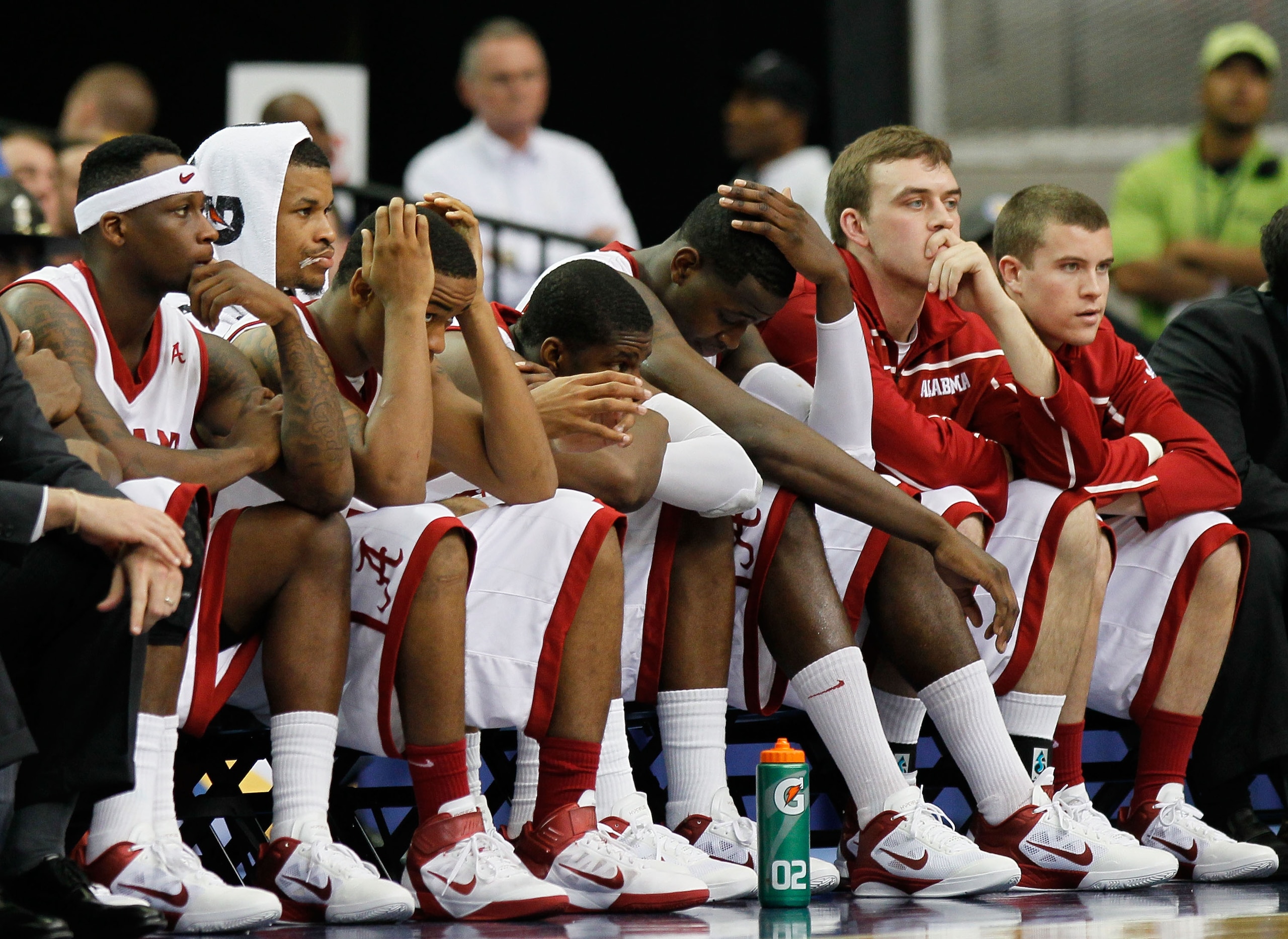 ATLANTA, GA - MARCH 12:  The Alabama Crimson Tide bench looks on during their 58 to 72 loss to the Kentucky Wildcats during the semifinals of the SEC Men's Basketball Tournament at Georgia Dome on March 12, 2011 in Atlanta, Georgia.  (Photo by Kevin C. Co