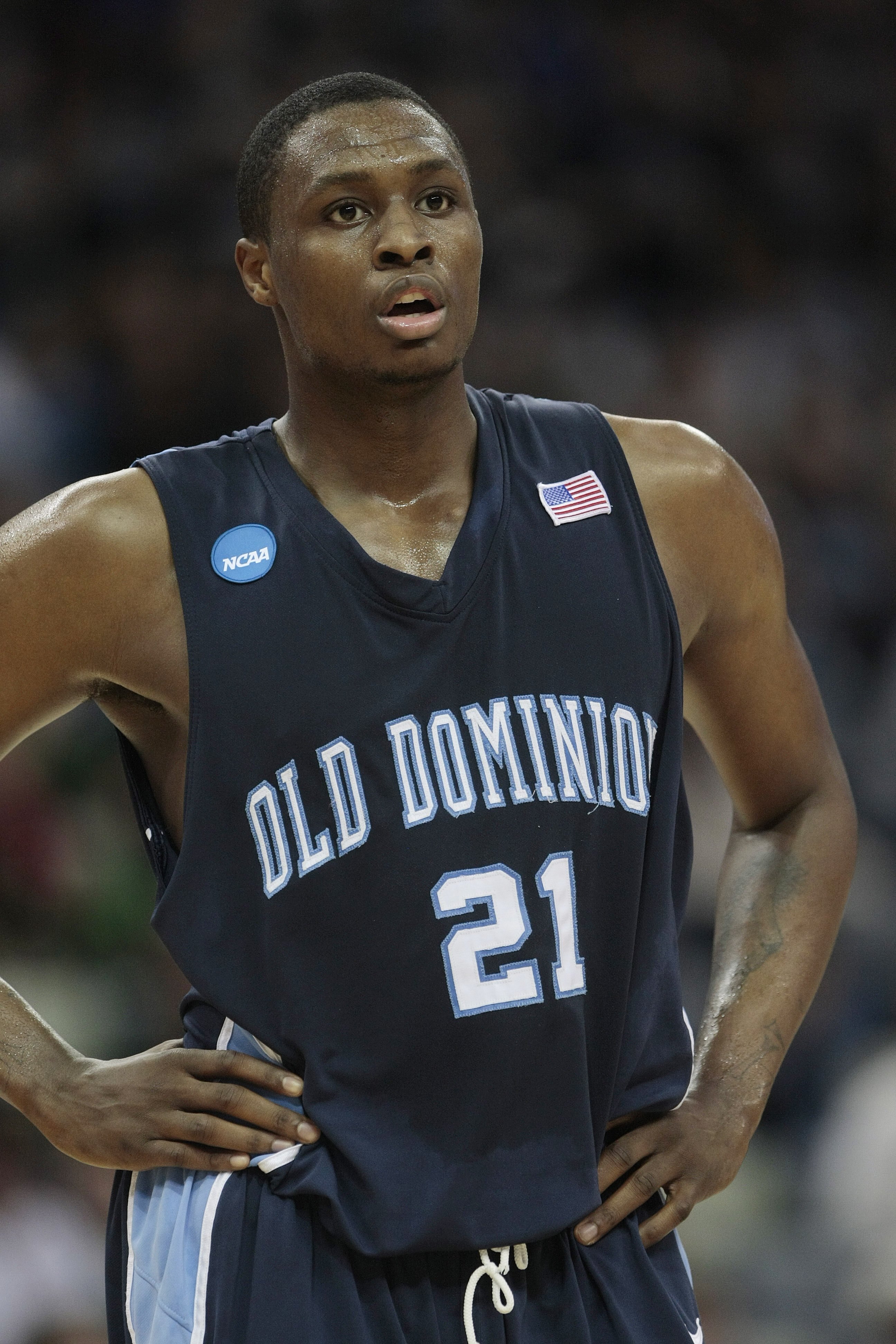 NEW ORLEANS - MARCH 20:  Frank Hassell #21 of the Old Dominion Monarchs reacts during the second round of the 2010 NCAA men's basketball tournament at the New Orleans Arena on March 20, 2010 in New Orleans, Louisiana.  (Photo by Dave Martin/Getty Images)