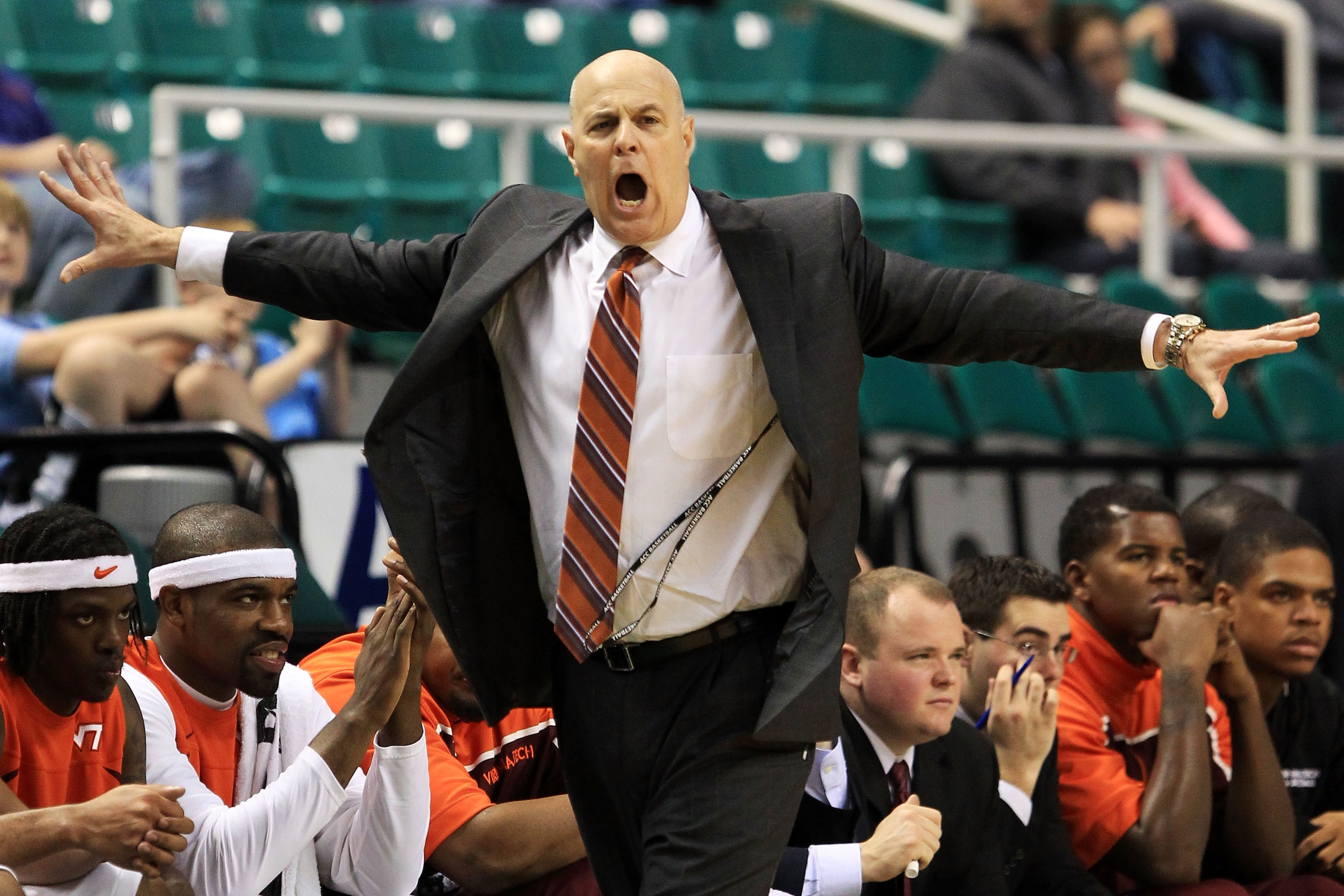 GREENSBORO, NC - MARCH 10:  Head coach Seth Greenberg of the Virginia Tech Hokies reacts during the second half of the game against the Georgia Tech Yellow Jackets in the first round of the 2011 ACC men's basketball tournament at the Greensboro Coliseum o
