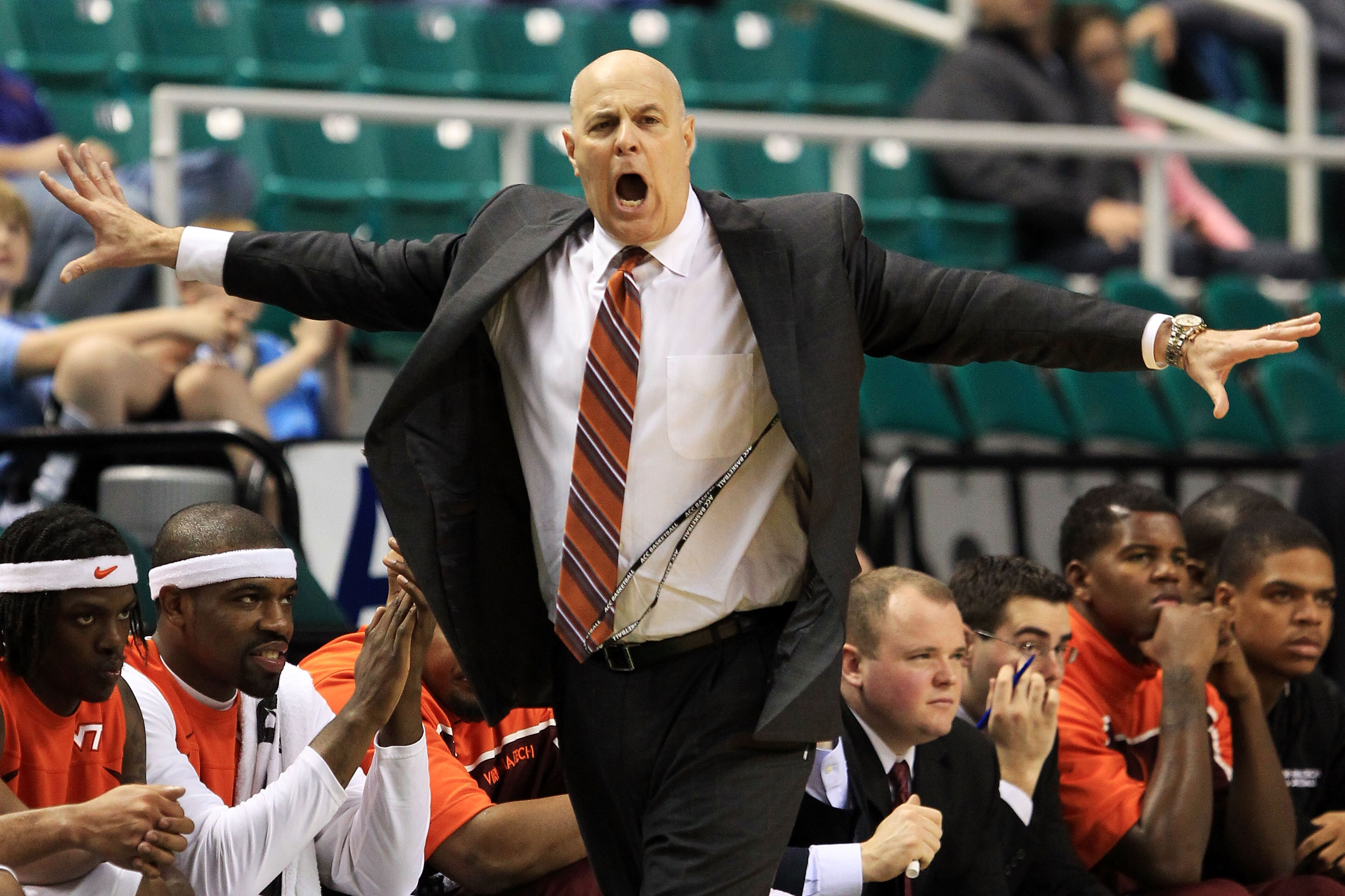 GREENSBORO, NC - MARCH 10:  Head coach Seth Greenberg of the Virginia Tech Hokies reacts during the second half of the game against the Georgia Tech Yellow Jackets in the first round of the 2011 ACC men's basketball tournament at the Greensboro Coliseum o