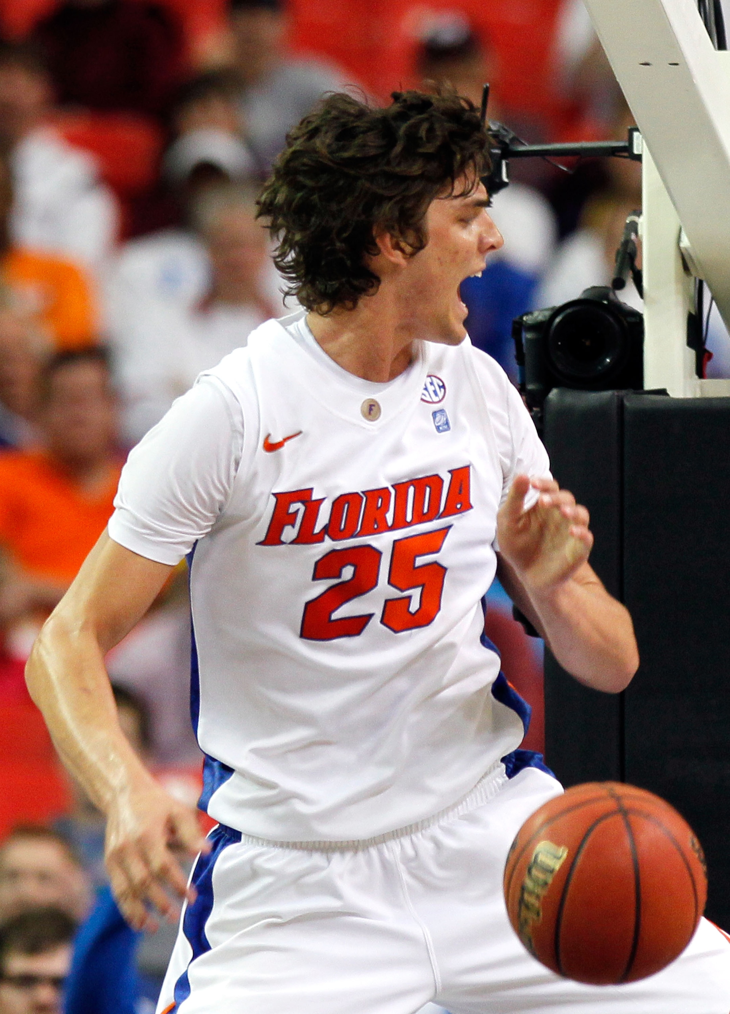 ATLANTA, GA - MARCH 12:  Chandler Parsons #25 of the Florida Gators reacts after dunking against the Vanderbilt Commodores during the semifinals of the SEC Men's Basketball Tournament at Georgia Dome on March 12, 2011 in Atlanta, Georgia.  (Photo by Kevin