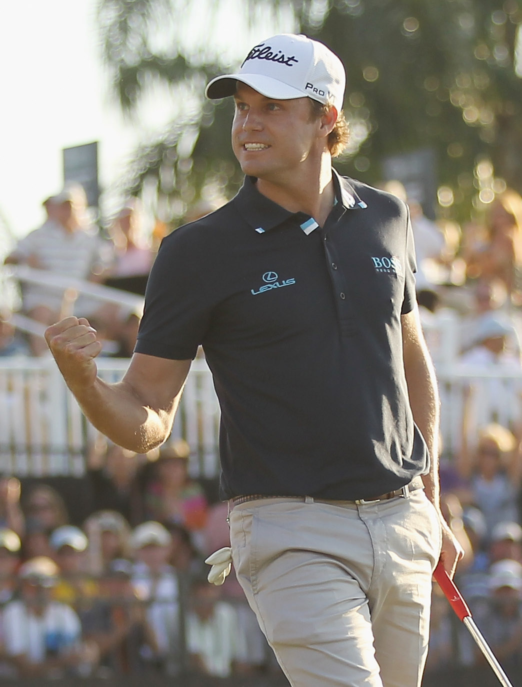 DORAL, FL - MARCH 13:  Nick Watney celebrates his birdie putt on the 18th green during the final round of the 2011 WGC- Cadillac Championship at the TPC Blue Monster at the Doral Golf Resort and Spa on March 13, 2011 in Doral, Florida.  (Photo by Mike Ehr