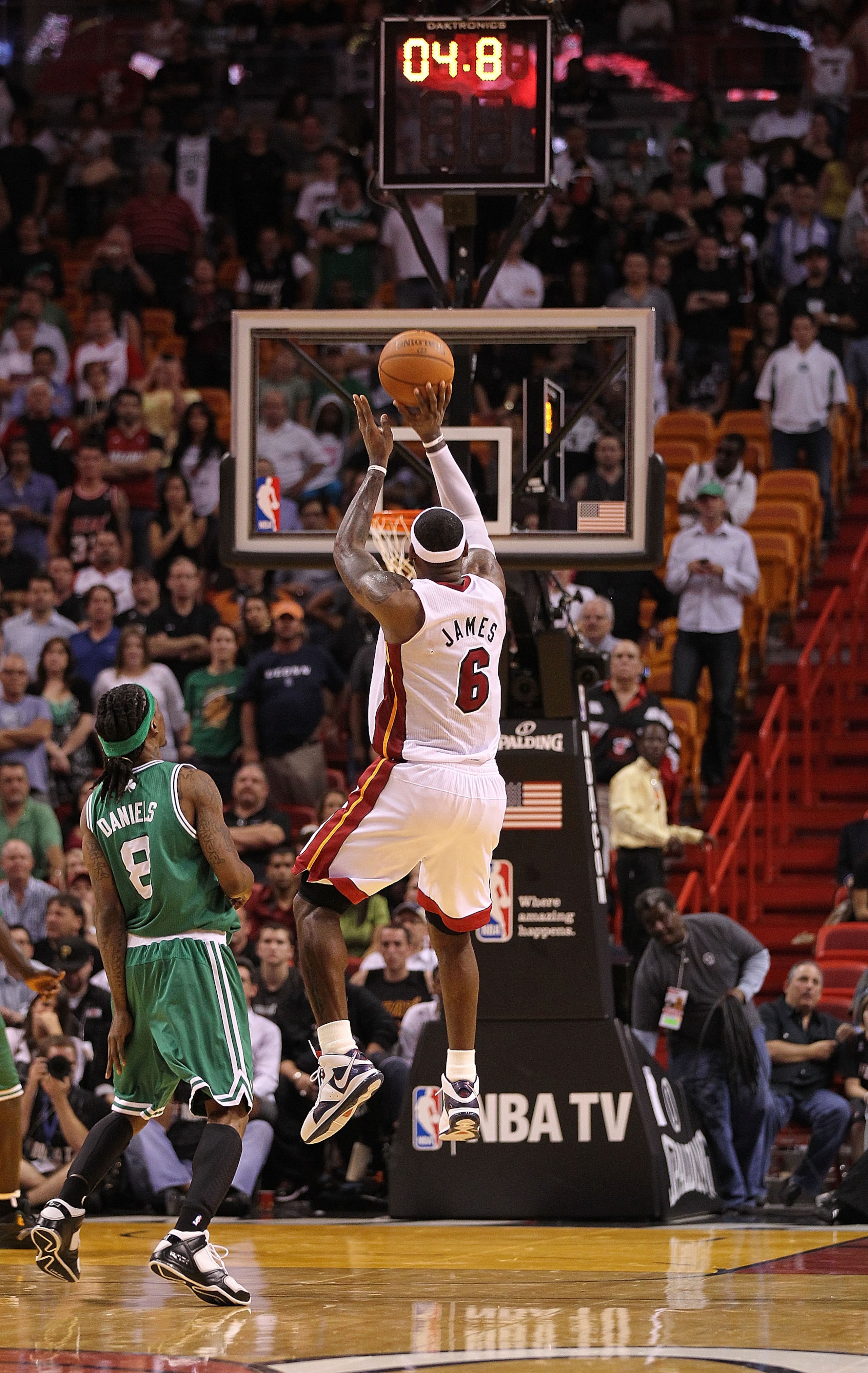 MIAMI - NOVEMBER 11:  LeBron James #6 of the Miami Heat takes the final shot before losing a game against the Boston Celtics at American Airlines Arena on November 11, 2010 in Miami, Florida. NOTE TO USER: User expressly acknowledges and agrees that, by d