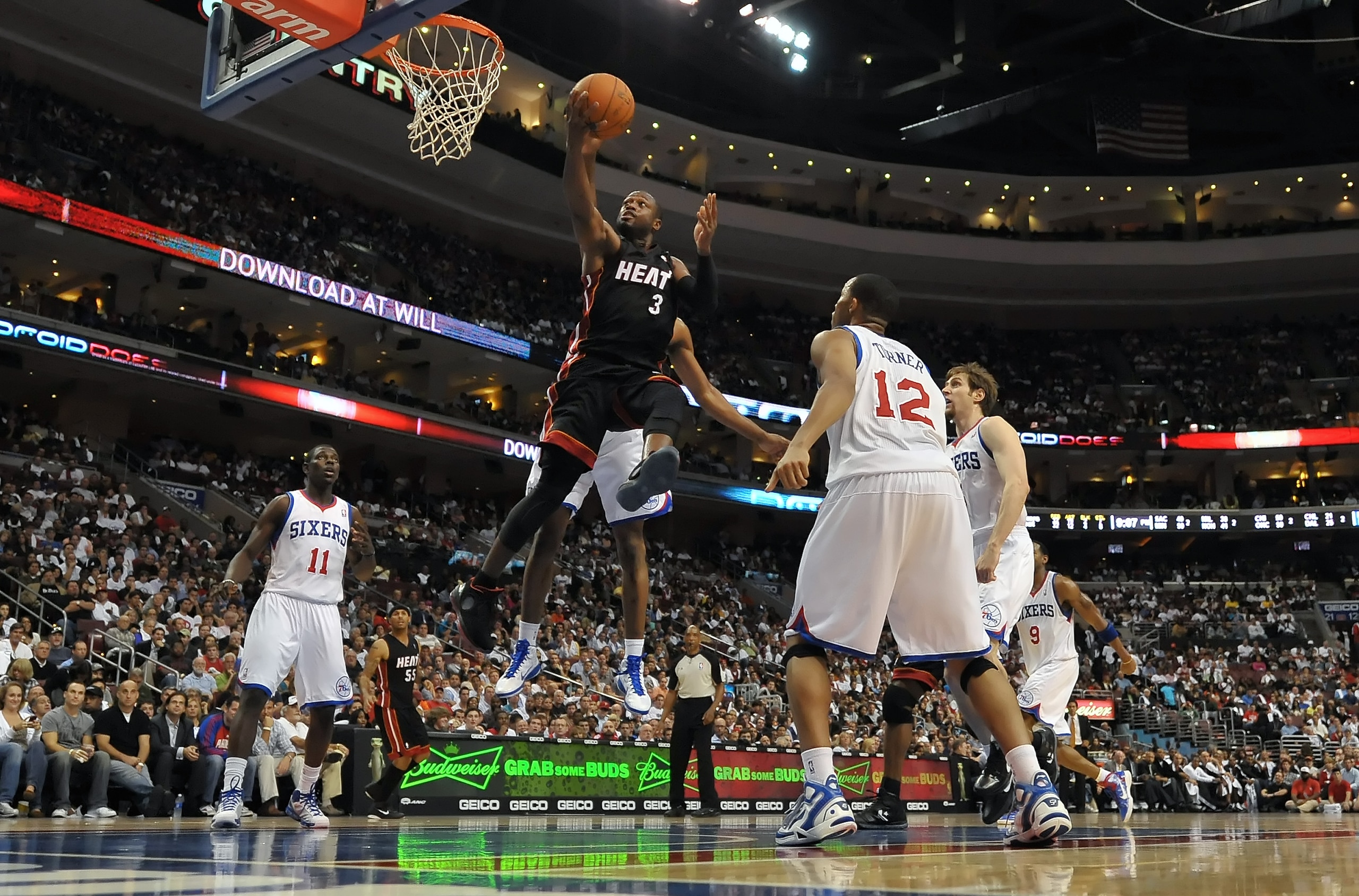 PHILADELPHIA - OCTOBER 27:  Dwyane Wade #3 of the Miami Heat lays up a shot during the game against the Philadelphia 76ers at the Wells Fargo Center on October 27, 2010 in Philadelphia, Pennsylvania. NOTE TO USER: User expressly acknowledges and agrees th