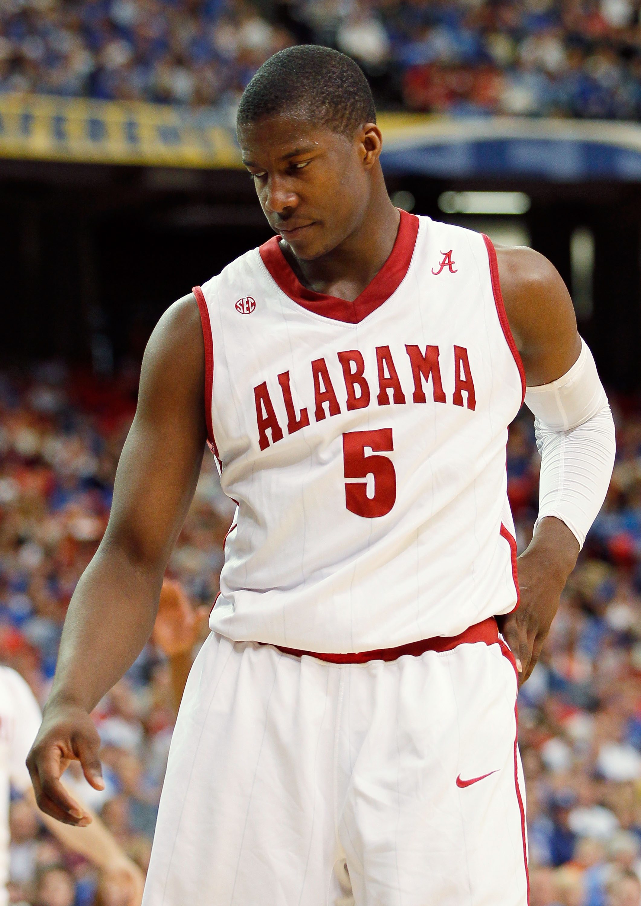 ATLANTA, GA - MARCH 12: Tony Mitchell #5 of the Alabama Crimson Tide reacts during their 58 to 72 loss to the Kentucky Wildcats in the semifinals of the SEC Men's Basketball Tournament at Georgia Dome on March 12, 2011 in Atlanta, Georgia. (Photo by Kev ATLANTA, GA - MARCH 12: Tony Mitchell #5 of the Alabama Crimson Tide reacts during their 58 to 72 loss to the Kentucky Wildcats in the semifinals of the SEC Men's Basketball Tournament at Georgia Dome on March 12, 2011 in Atlanta, Georgia. (Photo by Kev