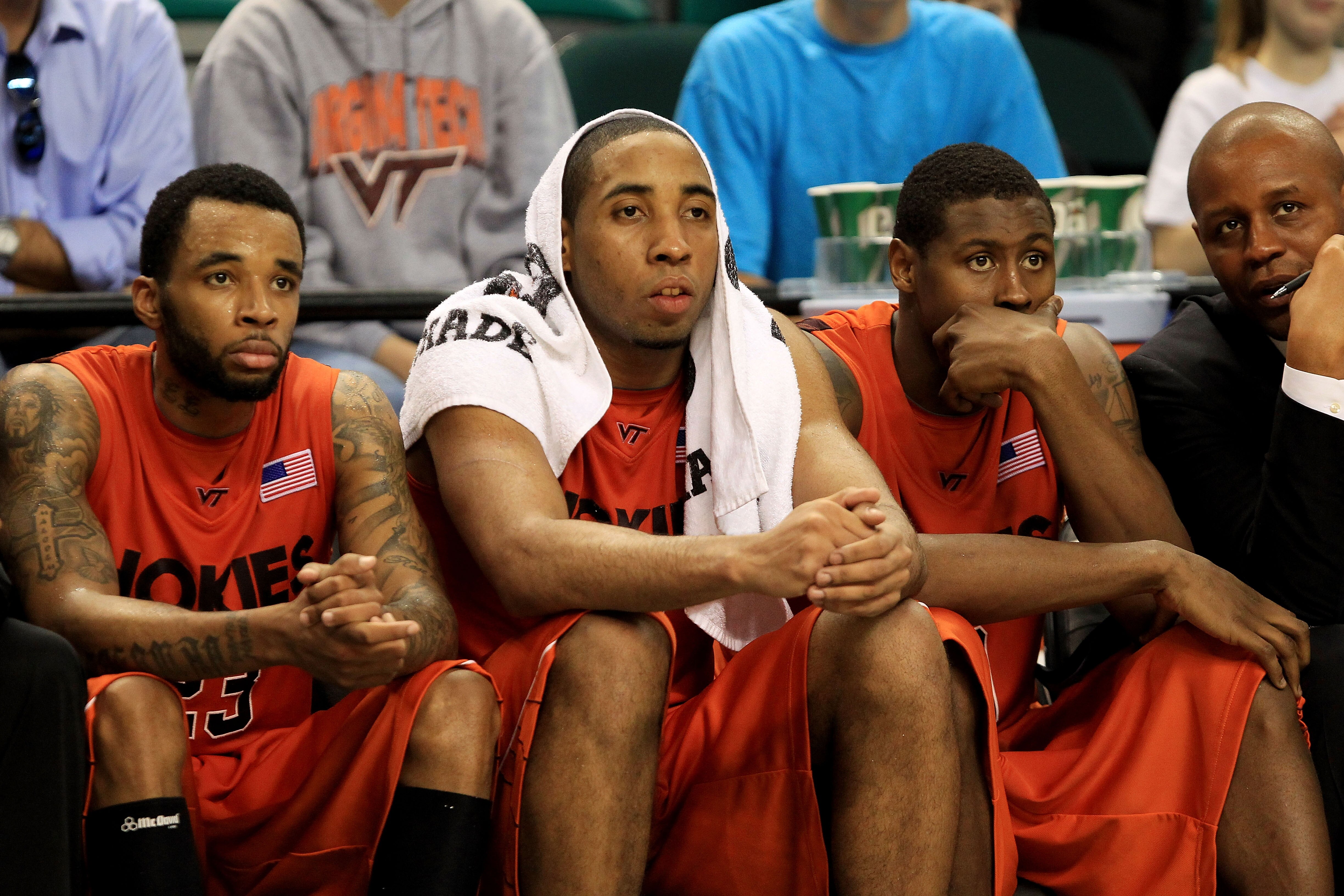 GREENSBORO, NC - MARCH 12: Malcolm Delaney #23, Victor Davila #14 and Jeff Allen #0 of the Virginia Tech Hokies look on from the bench during the second half against the Duke Blue Devils in the semifinals of the 2011 ACC men's basketball tournament at th GREENSBORO, NC - MARCH 12: Malcolm Delaney #23, Victor Davila #14 and Jeff Allen #0 of the Virginia Tech Hokies look on from the bench during the second half against the Duke Blue Devils in the semifinals of the 2011 ACC men's basketball tournament at th