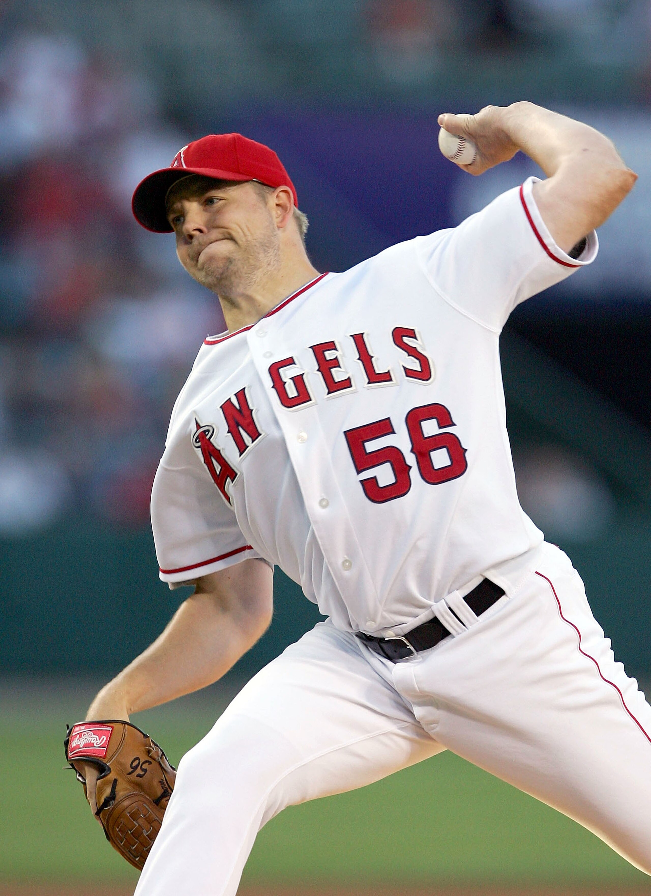 ANAHEIM, CA - JUNE 22:  Jarrod Washburn #56 of the Los Angeles Angels of Anaheim pitches against the Texas Rangers on June 22, 2005 at Angel Stadium in Anaheim, California.  (Photo by Lisa Blumenfeld/Getty Images)