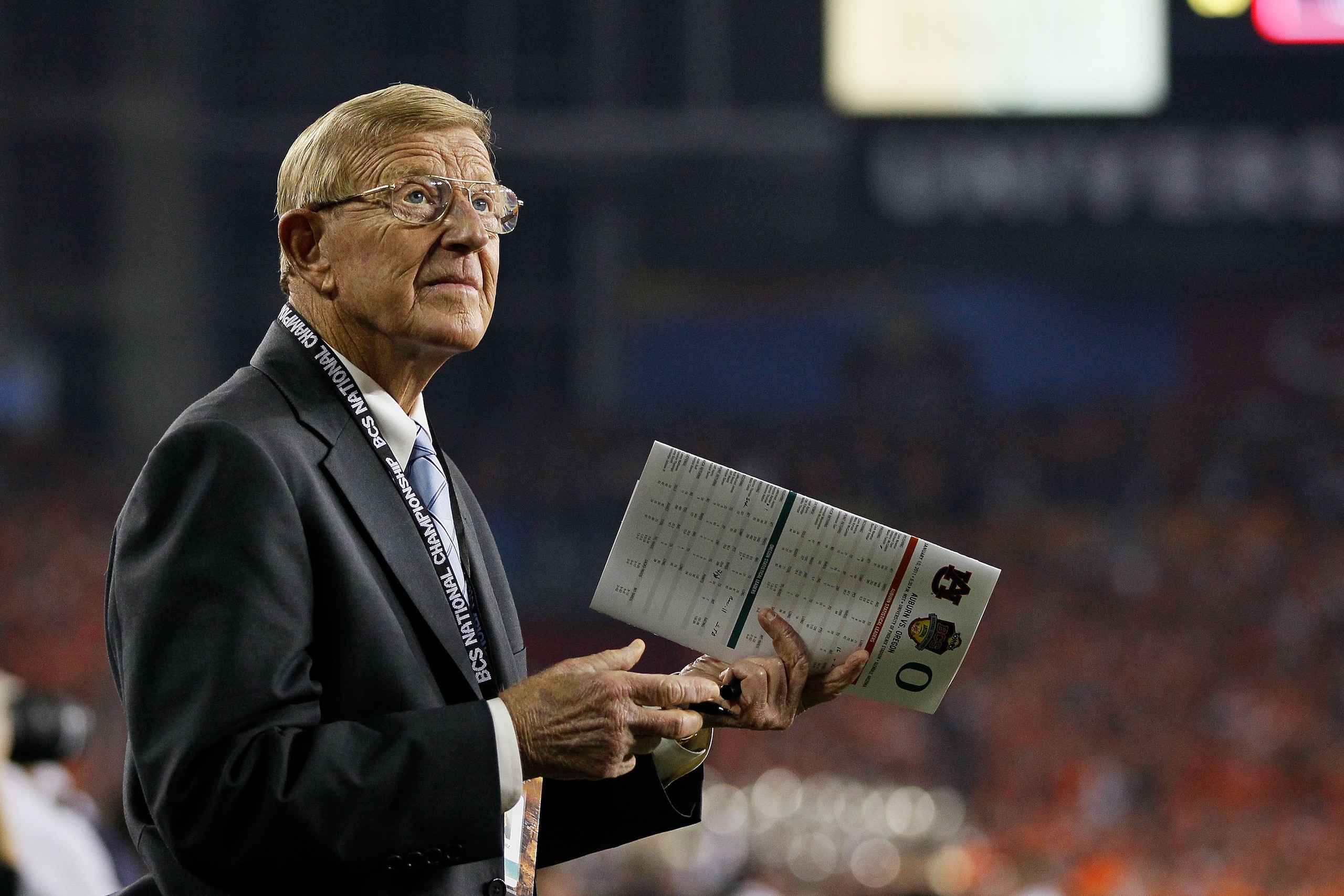 GLENDALE, AZ - JANUARY 10: ESPN reporter Lou Holtz looks on during the Tostitos BCS National Championship Game between the Oregon Ducks and the Auburn Tigers at University of Phoenix Stadium on January 10, 2011 in Glendale, Arizona. (Photo by Kevin C. C GLENDALE, AZ - JANUARY 10: ESPN reporter Lou Holtz looks on during the Tostitos BCS National Championship Game between the Oregon Ducks and the Auburn Tigers at University of Phoenix Stadium on January 10, 2011 in Glendale, Arizona. (Photo by Kevin C. C