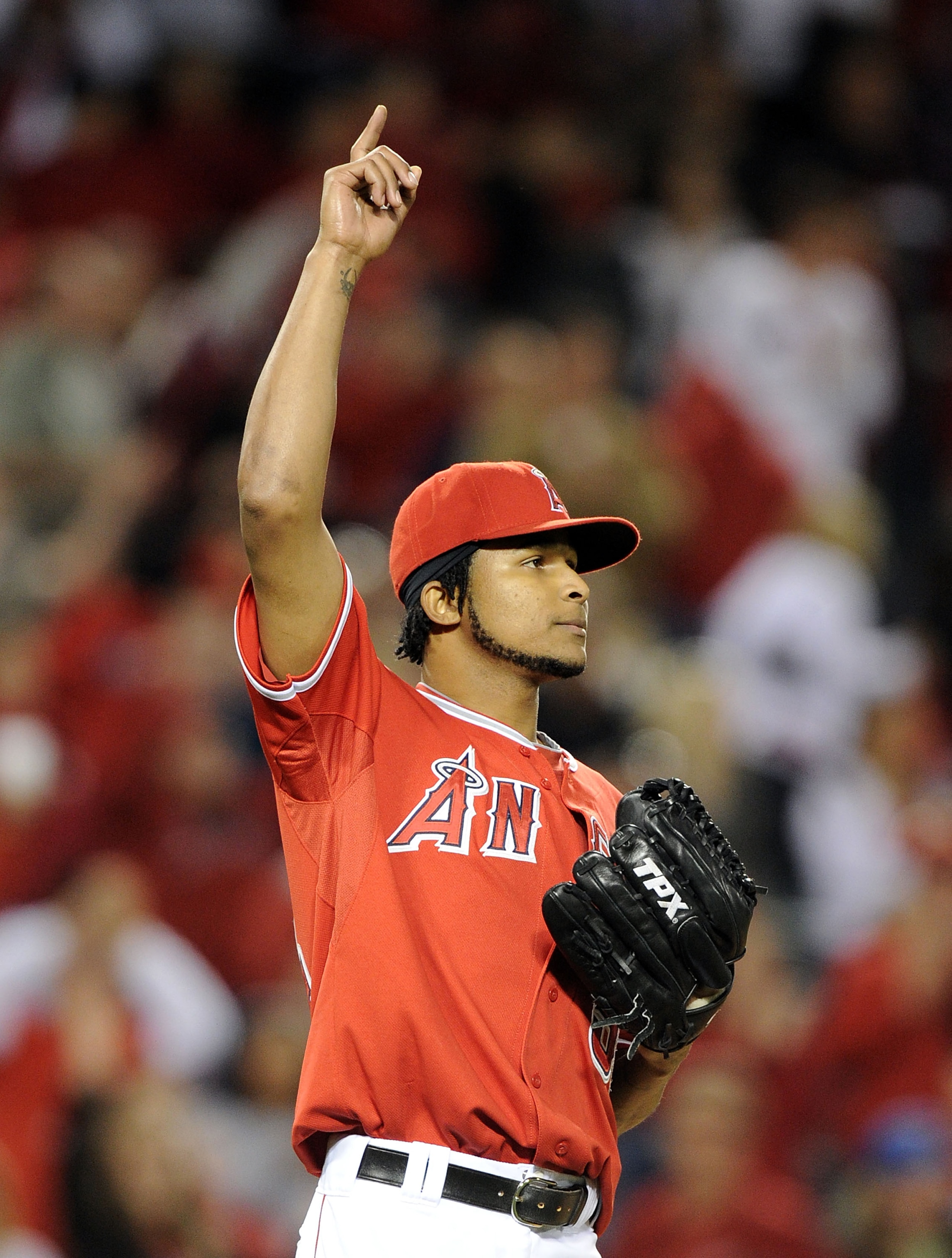 ANAHEIM, CA - MAY 25:  Ervin Santana #54 of the Los Angeles Angels celebrates an 8-3 win against the Toronto Blue Jays during the ninth inning at Angel Stadium on May 25, 2010 in Anaheim, California.  (Photo by Harry How/Getty Images)