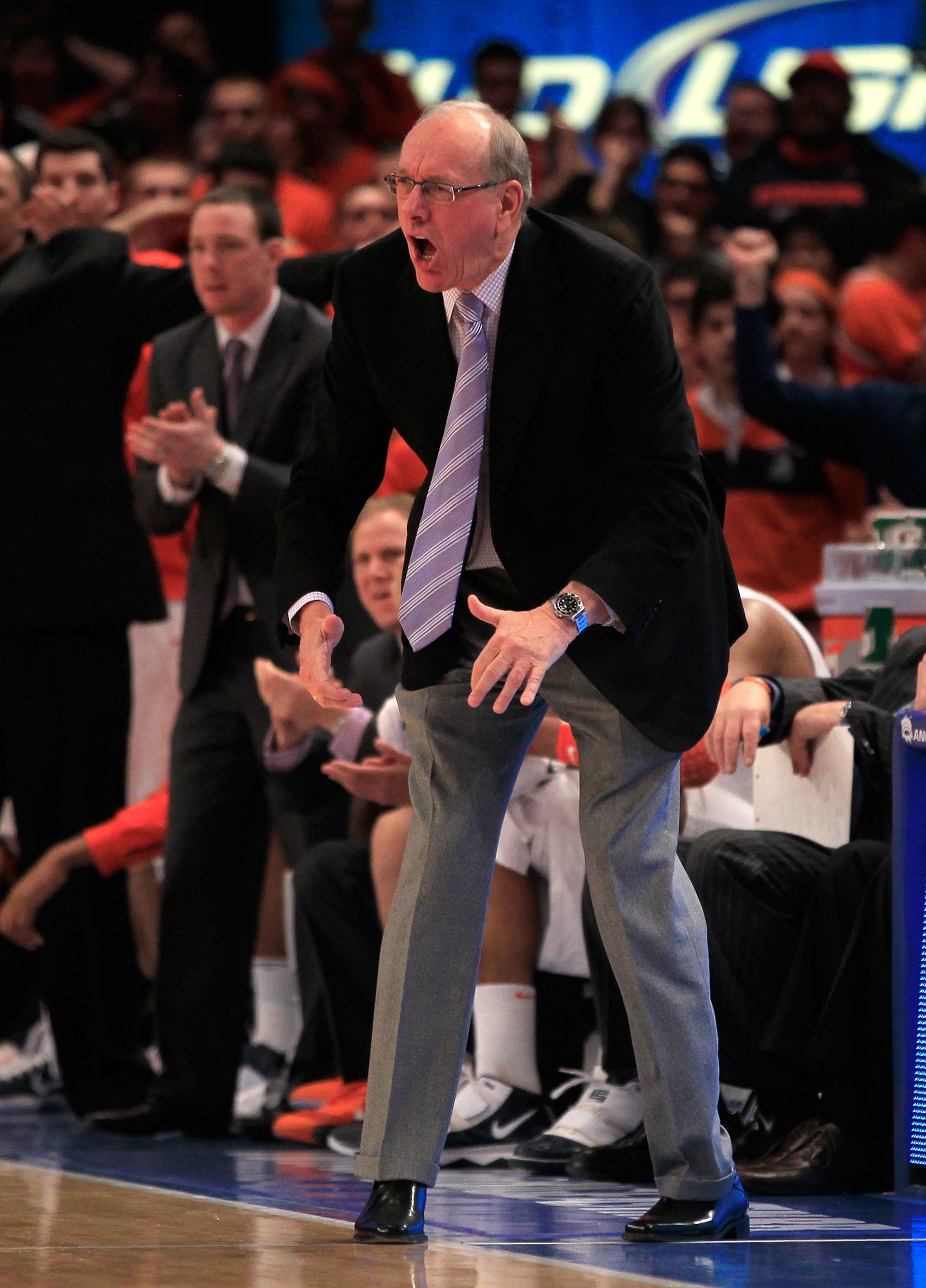 NEW YORK, NY - MARCH 11: Head coach Jim Boeheim of the Syracuse Orange yells from the bench during the game against the Connecticut Huskies during the semifinals of the 2011 Big East Men's Basketball Tournament presented by American Eagle Outfitters at Ma