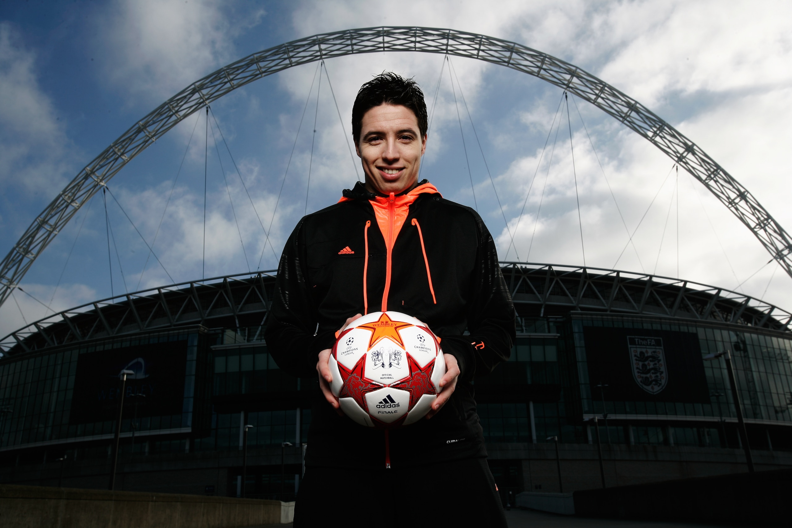 LONDON, ENGLAND - MARCH 03:  Samir Nasri of Arsenal is seen under the Wembley arch as adidas present the Official Match Ball for the 2011 UEFA Champions League Final at Wembley Stadium on March 3, 2011 in London, United Kingdom.  (Photo by Gary Prior/Gett