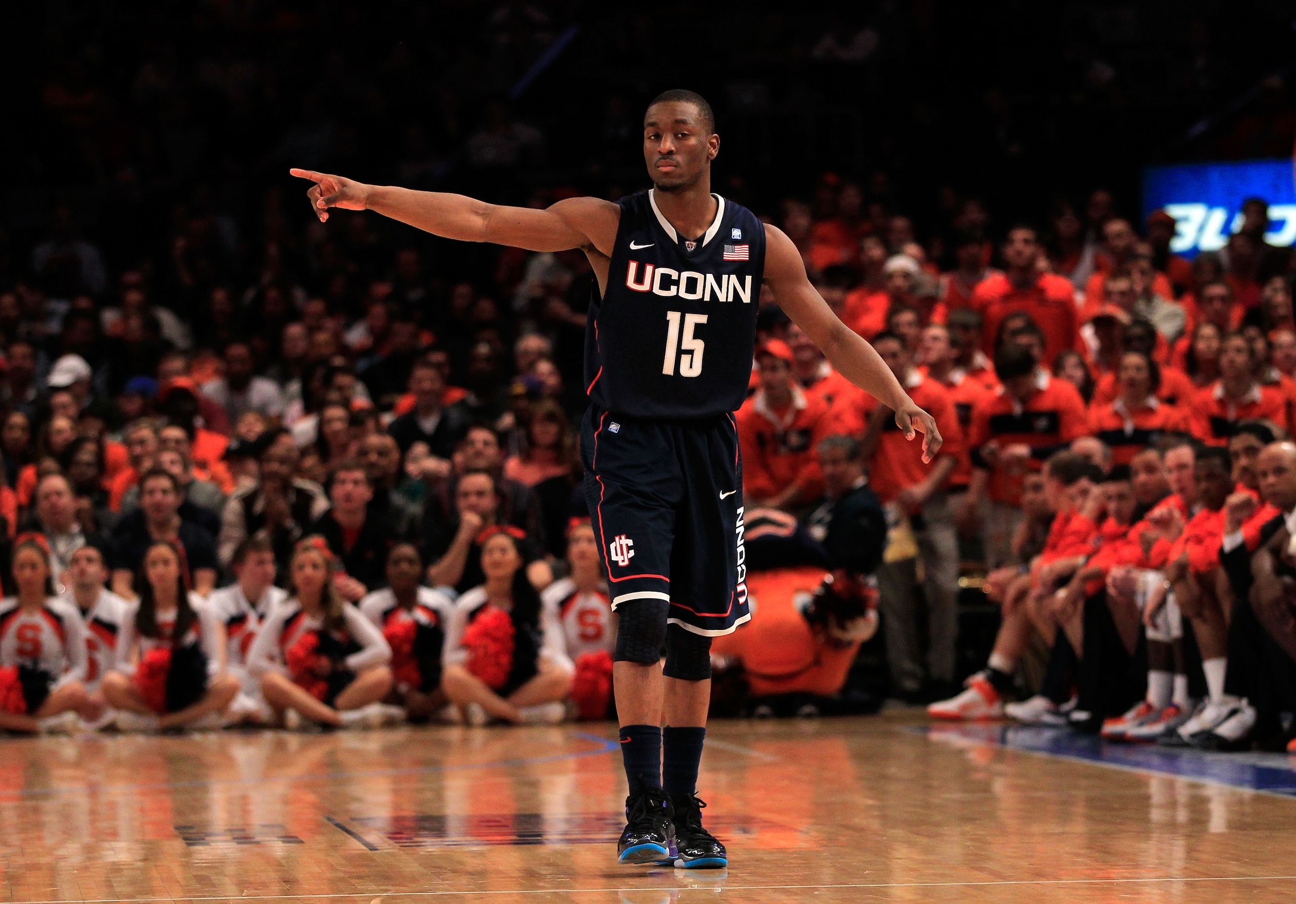 NEW YORK, NY - MARCH 11: Kemba Walker #15 of the Connecticut Huskies gestures after a play against the Syracuse Orange during the semifinals of the 2011 Big East Men's Basketball Tournament presented by American Eagle Outfitters at Madison Square Garden o