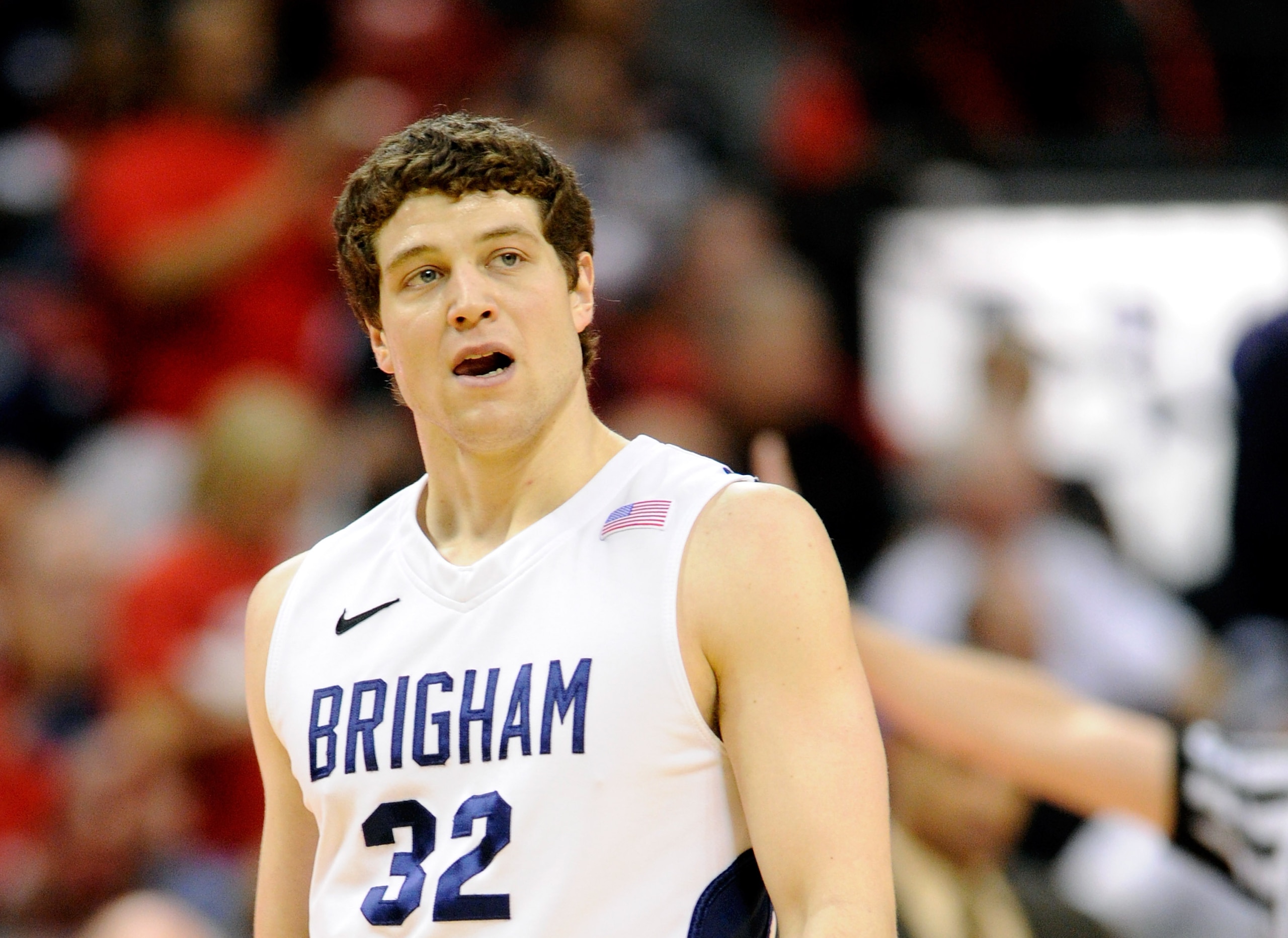 LAS VEGAS, NV - MARCH 11:  Jimmer Fredette #32 of the Brigham Young University Cougars appears on the court during a semifinal game of the Conoco Mountain West Conference Basketball tournament against the New Mexico Lobos at the Thomas & Mack Center March
