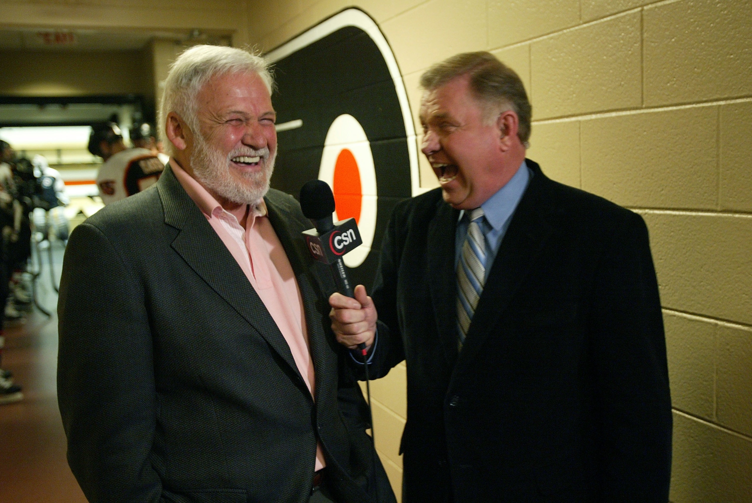 PHILADELPHIA - APRIL 05:  Bernie Parent is interviewed by Flyers broadcaster Steve Coates prior to tonight's game between the Philadelphia Flyers and the New Jersey Devils at the Wachovia Center on April 5, 2007 in Philadelphia, Pennsylvania. Martin Brodu