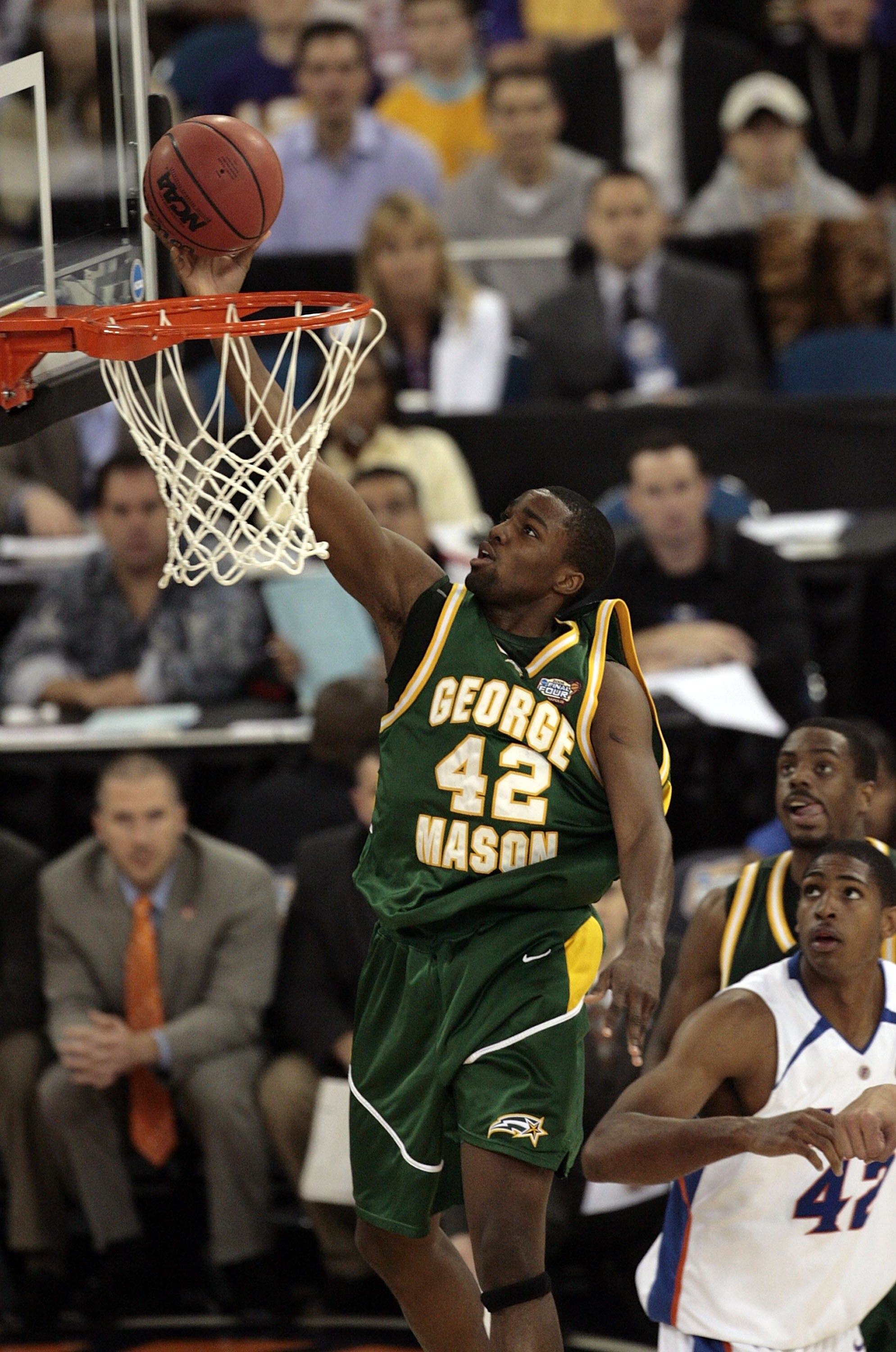 INDIANAPOLIS - APRIL 01: Folarin Campbell #42 of the George Mason Patriots lays the ball up in the first half against the Florida Gators during the semifinal game of the NCAA Men's Final Four on April 1, 2006 at the RCA Dome in Indianapolis, Indiana.  (Ph