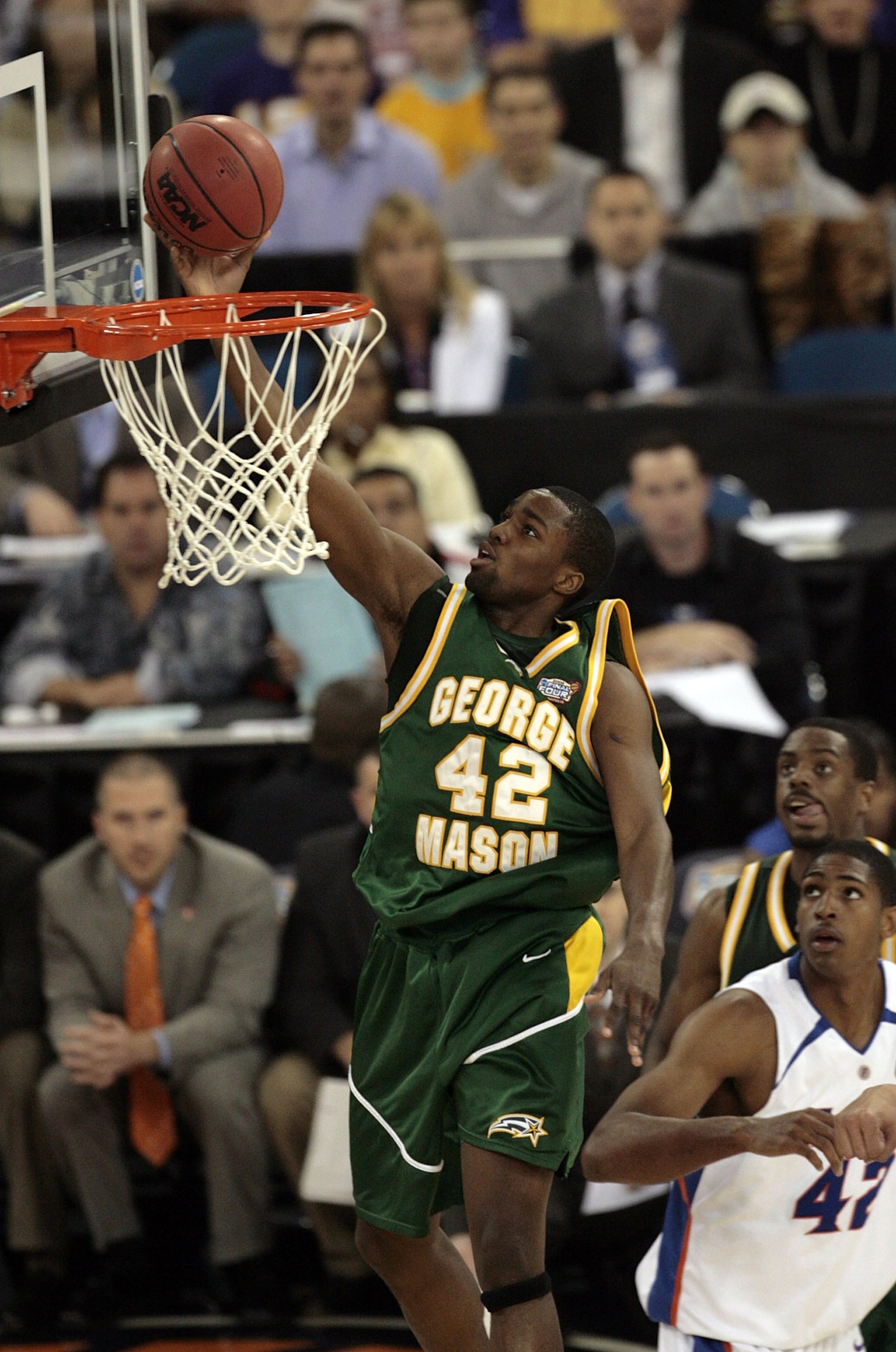 INDIANAPOLIS - APRIL 01: Folarin Campbell #42 of the George Mason Patriots lays the ball up in the first half against the Florida Gators during the semifinal game of the NCAA Men's Final Four on April 1, 2006 at the RCA Dome in Indianapolis, Indiana.  (Ph