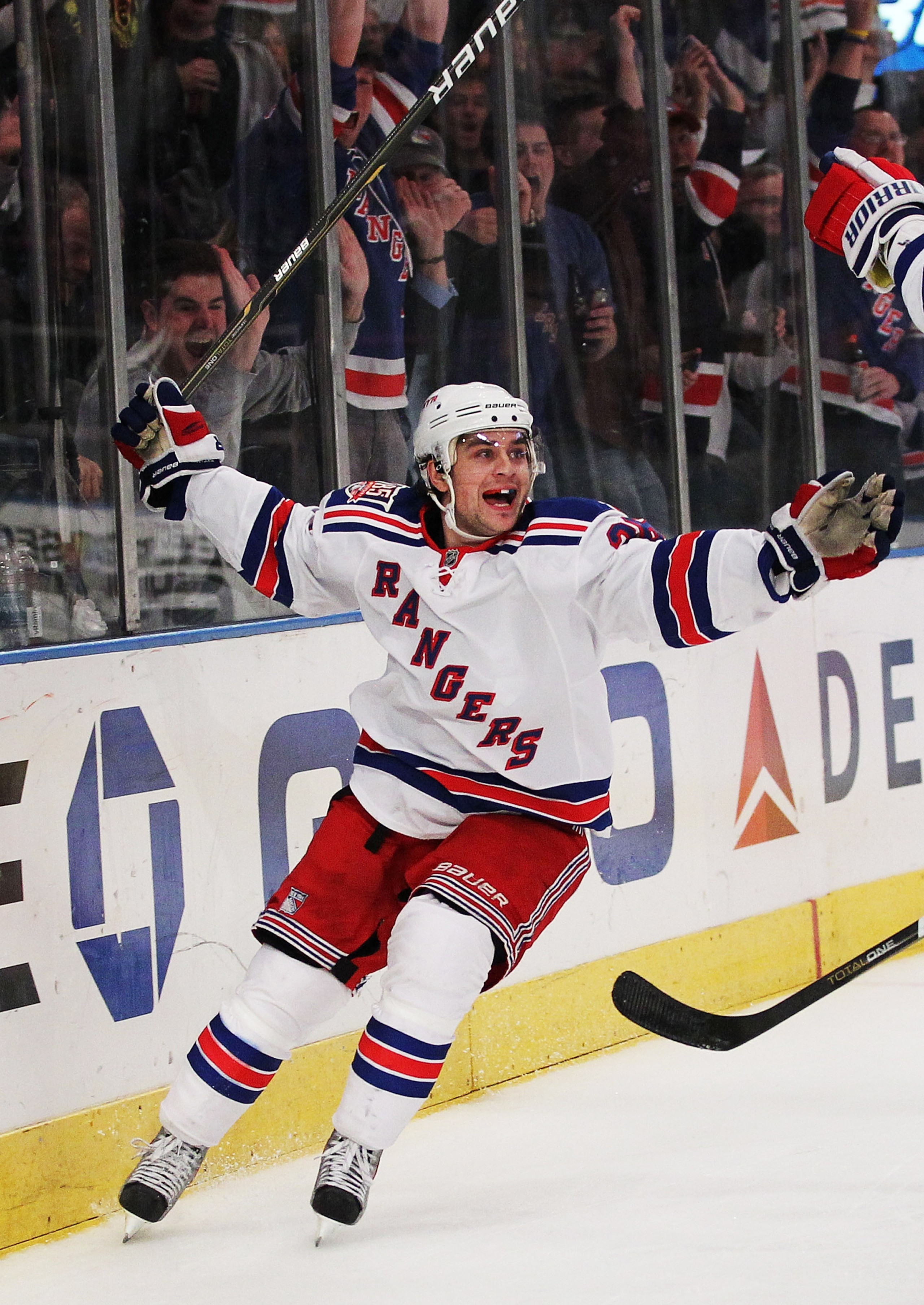 NEW YORK - MARCH 06:  Mats Zuccarello #36 of the New York Rangers celebrates a goal against the Philadelphia Flyers during their game on March 6, 2011 at Madison Square Garden in New York City, New York.  (Photo by Al Bello/Getty Images)