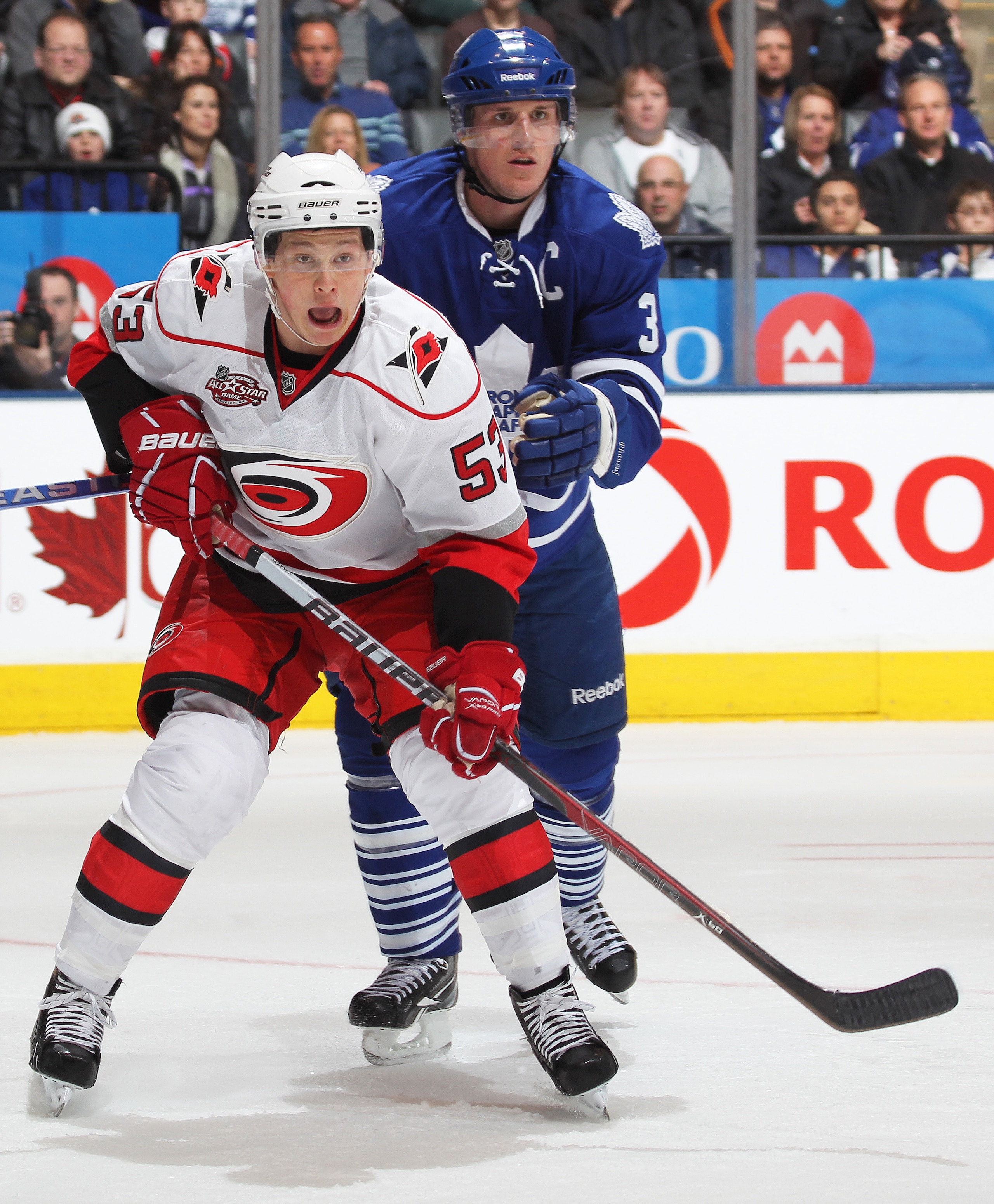 TORONTO, ON - DECEMBER 28:  Jeff Skinner #53 of the Carolina Hurricanes is kept in check by Dion Phaneuf #3 of the Toronto Maple Leafs in a game on December 28, 2010 at the Air Canada Centre in Toronto,Ontario. The Hurricanes defeated the Leafs 4-3. (Phot