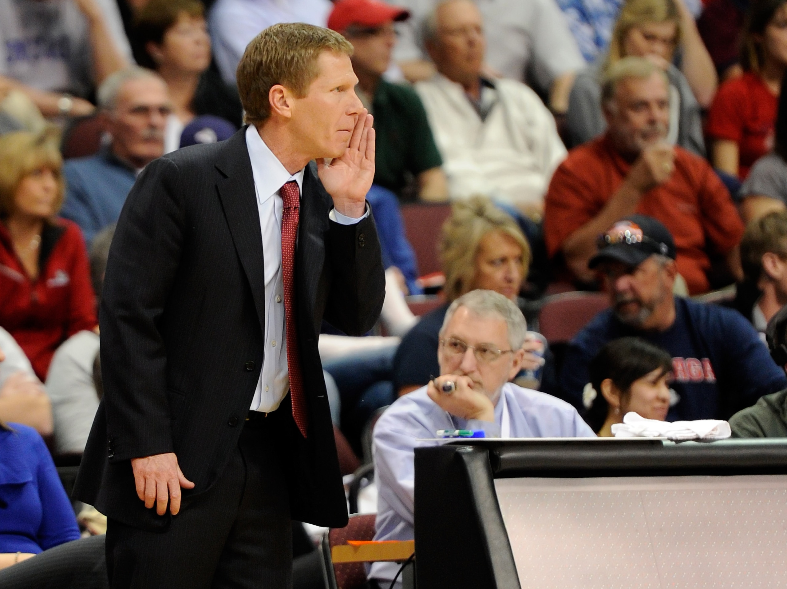 LAS VEGAS, NV - MARCH 07:  Gonzaga Bulldogs head coach Mark Few watches his players as they take on the Saint Mary's Gaels during the championship game of the Zappos.com West Coast Conference Basketball tournament at the Orleans Arena March 7, 2011 in Las