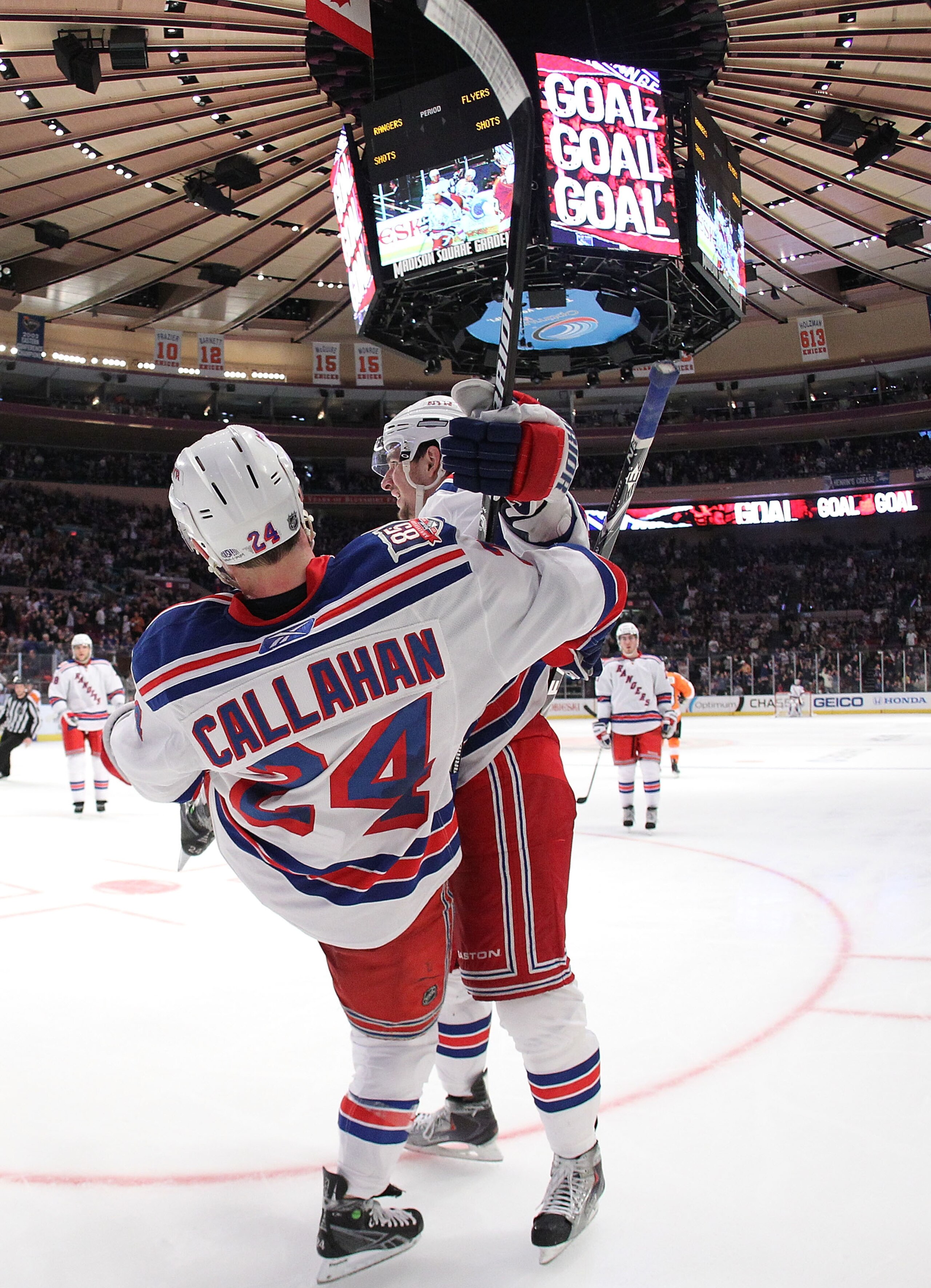 NEW YORK - MARCH 06:  Ryan Callahan #24 of the New York Rangers celebrates his third goal against the Philadelphia Flyers during their game on March 6, 2011 at Madison Square Garden in New York City, New York.  (Photo by Al Bello/Getty Images)