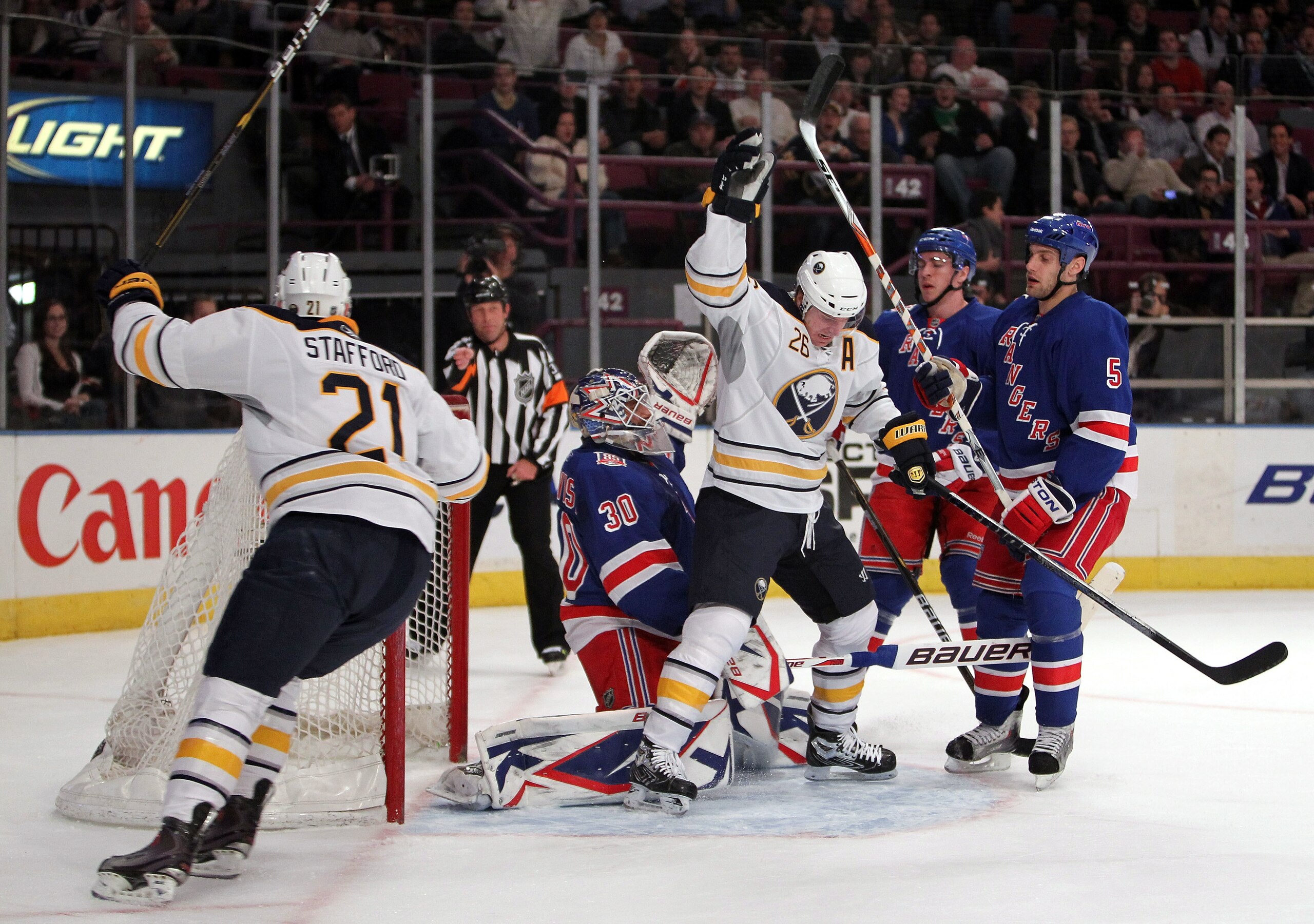 NEW YORK, NY - MARCH 01:  Thomas Vanek #26 of the Buffalo Sabres celebrates scoring a goal against the New York Rangers at Madison Square Garden on March 1, 2011 in New York City.  (Photo by Nick Laham/Getty Images)
