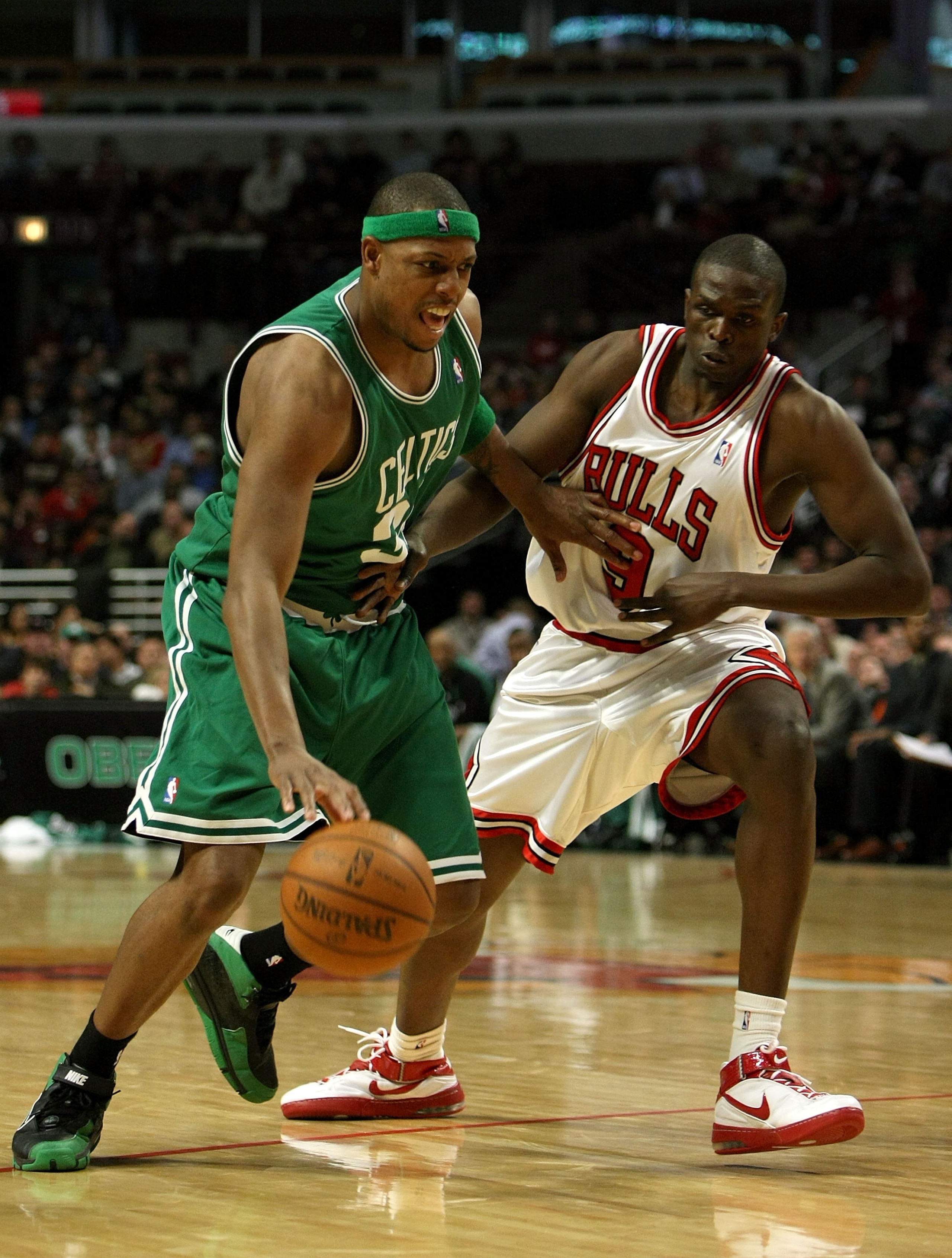 CHICAGO, MI - APRIL 01:  Paul Pierce #34 of the Boston Celtics drives against Luol Deng #9 of the Chicago Bulls on April 1, 2008 at the United Center in Chicago, Illinois.  NOTE TO USER: User expressly acknowledges and agrees that, by downloading and or u