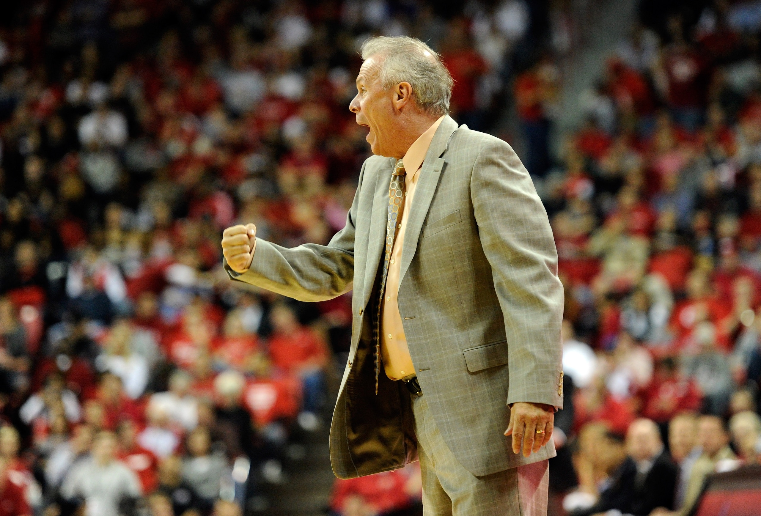 LAS VEGAS - NOVEMBER 20:  Head coach Bo Ryan of the Wisconsin Badgers argues a referee's call during a game against the UNLV Rebels at the Thomas & Mack Center November 20, 2010 in Las Vegas, Nevada. UNLV won 68-65.  (Photo by Ethan Miller/Getty Images)