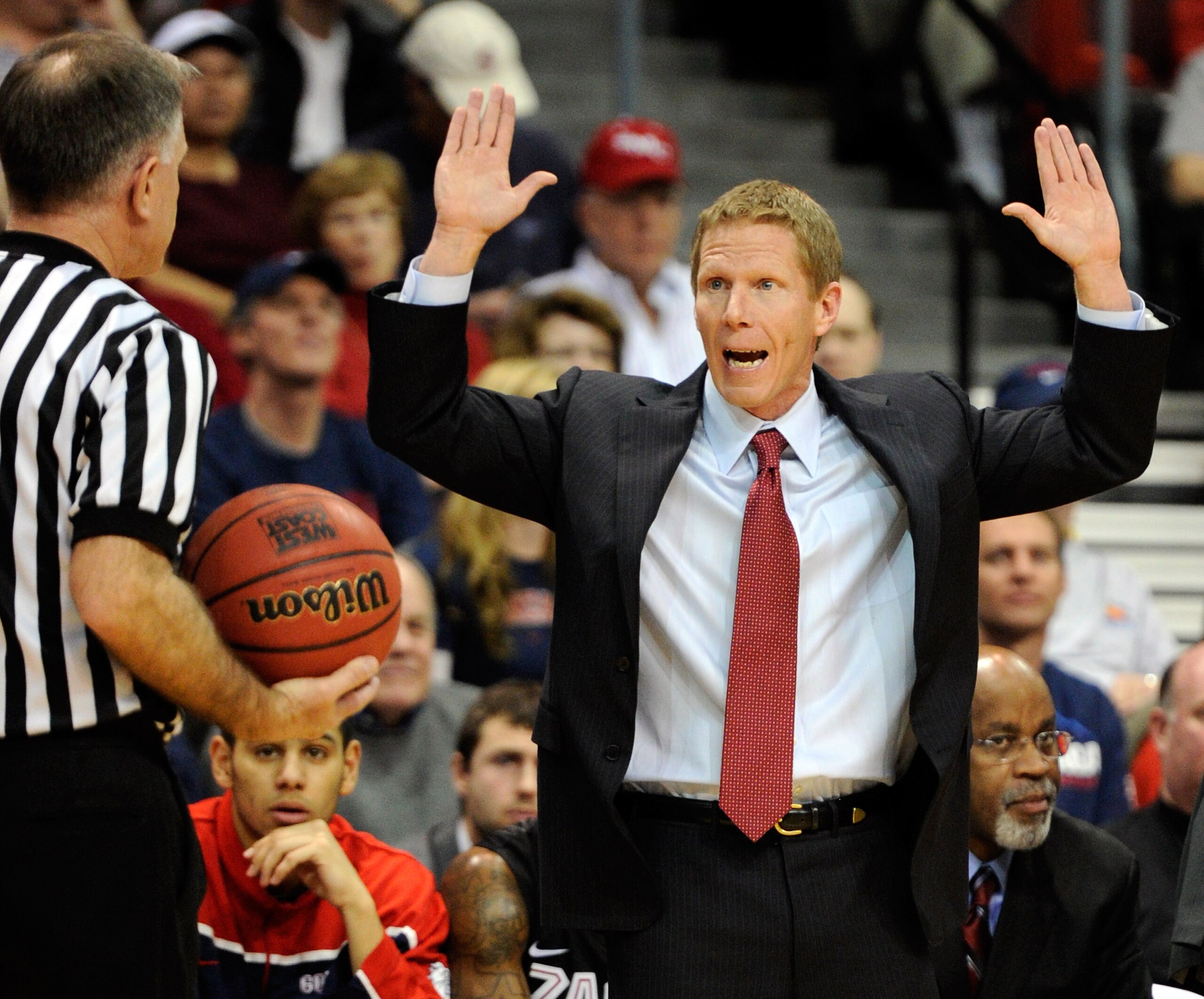 LAS VEGAS, NV - MARCH 07:  Gonzaga Bulldogs head coach Mark Few argues an official's call during the championship game of the Zappos.com West Coast Conference Basketball tournament against the Saint Mary's Gaels at the Orleans Arena March 7, 2011 in Las V