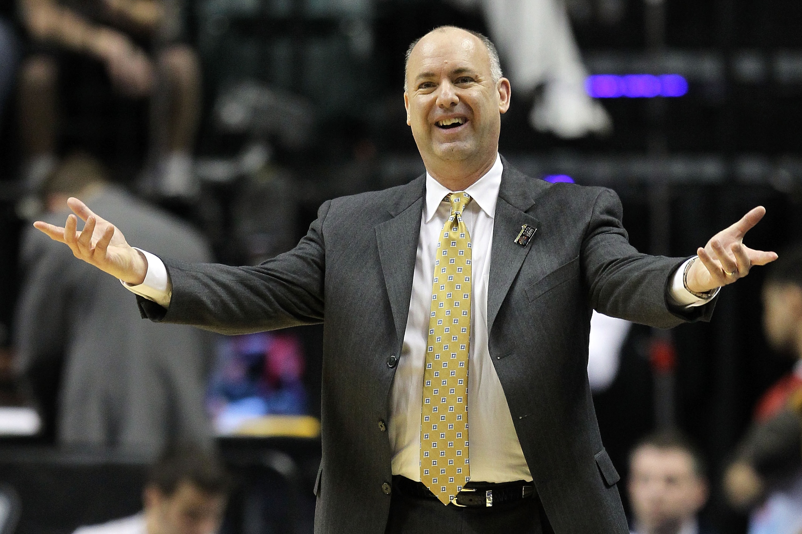 INDIANAPOLIS, IN - MARCH 11:  Head coach Ed DeChellis of the Penn State Nittany Lions reacts as he coaches against the Wisconsin Badgers during the quarterfinals of the 2011 Big Ten Men's Basketball Tournament at Conseco Fieldhouse on March 11, 2011 in In