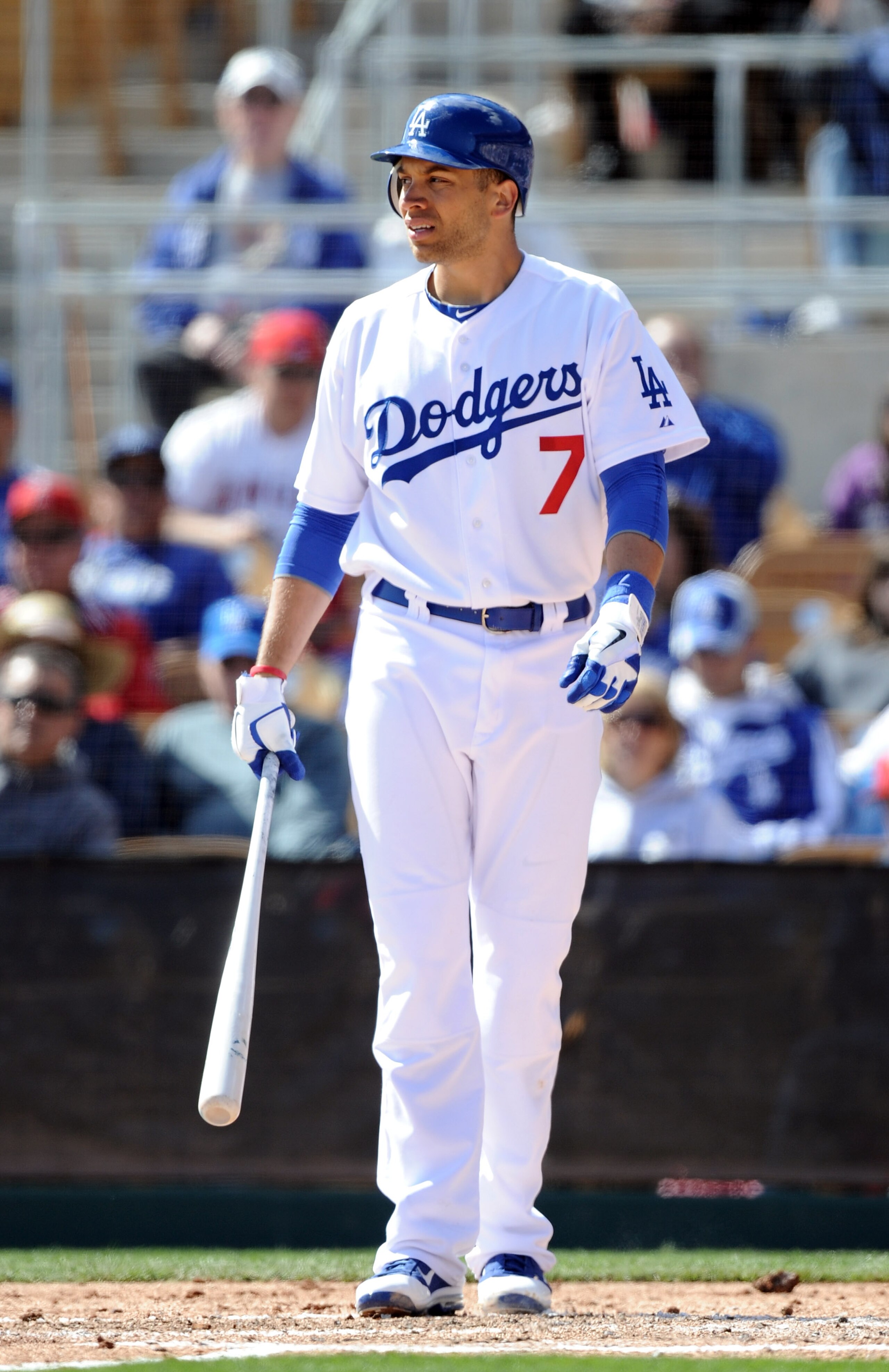 PHOENIX, AZ - FEBRUARY 27:  James Loney #7 of the Los Angeles Dodgers at bat during spring training at Camelback Ranch on February 27, 2011 in Phoenix, Arizona.  (Photo by Harry How/Getty Images)