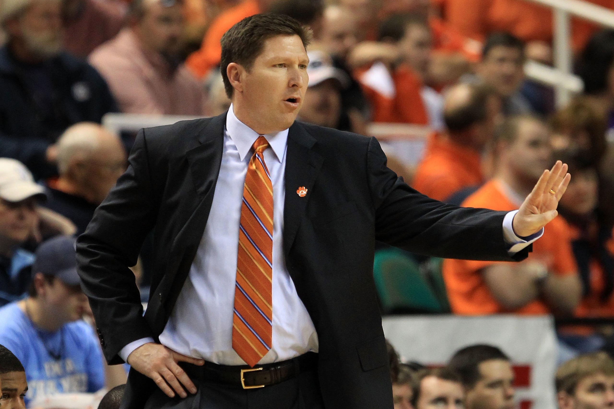 GREENSBORO, NC - MARCH 11:  Head coach Brad Brownell of the Clemson Tigers looks on during the first half against the Boston College Eagles in the quarterfinals of the 2011 ACC men's basketball tournament at the Greensboro Coliseum on March 11, 2011 in Gr