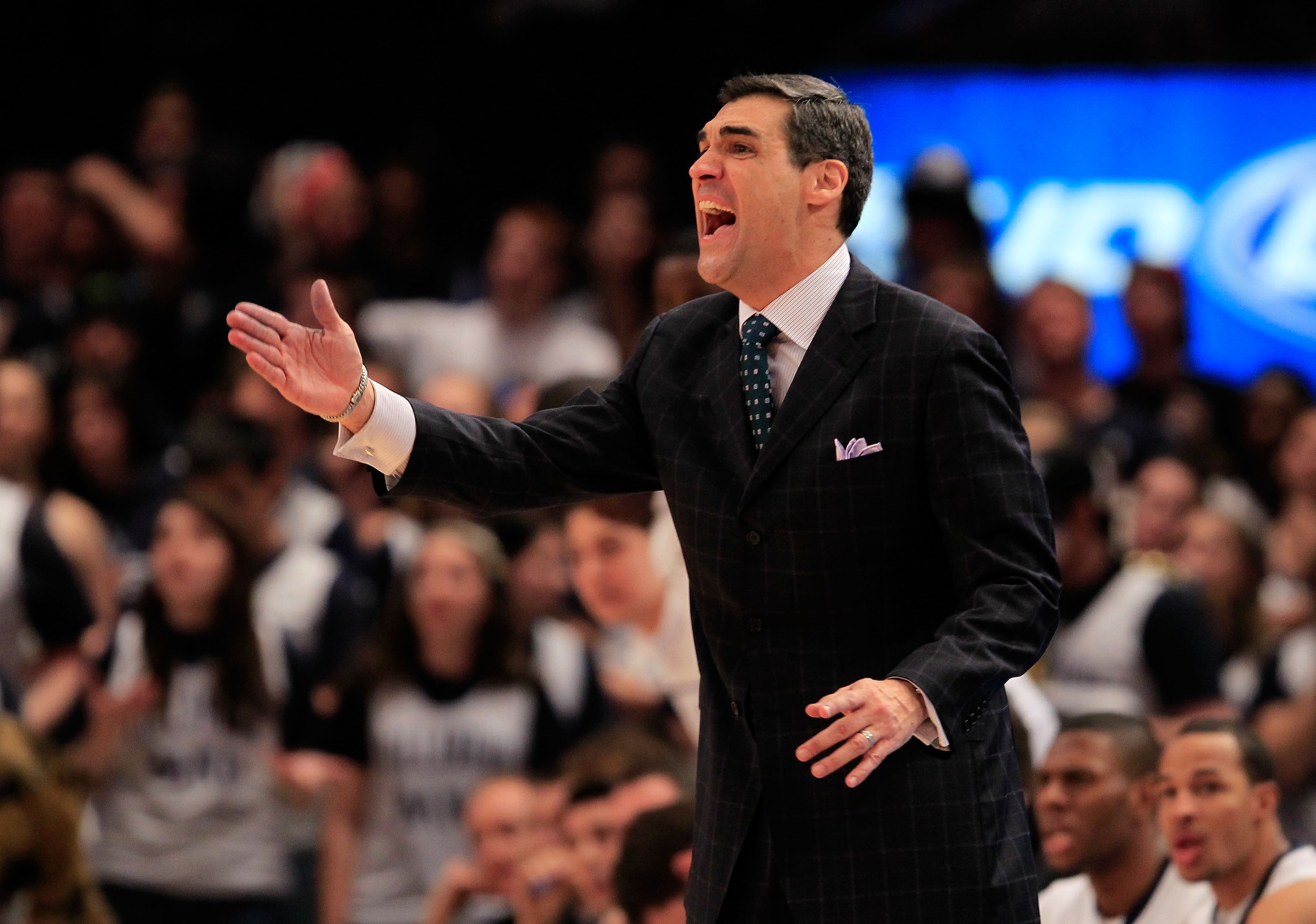 NEW YORK, NY - MARCH 08:  Head coach Jay Wright of the Villanova Wildcats gestures from the bench late in the game against the South Florida Bulls during the first round of the 2011 Big East Men's Basketball Tournament presented by American Eagle Outfitte
