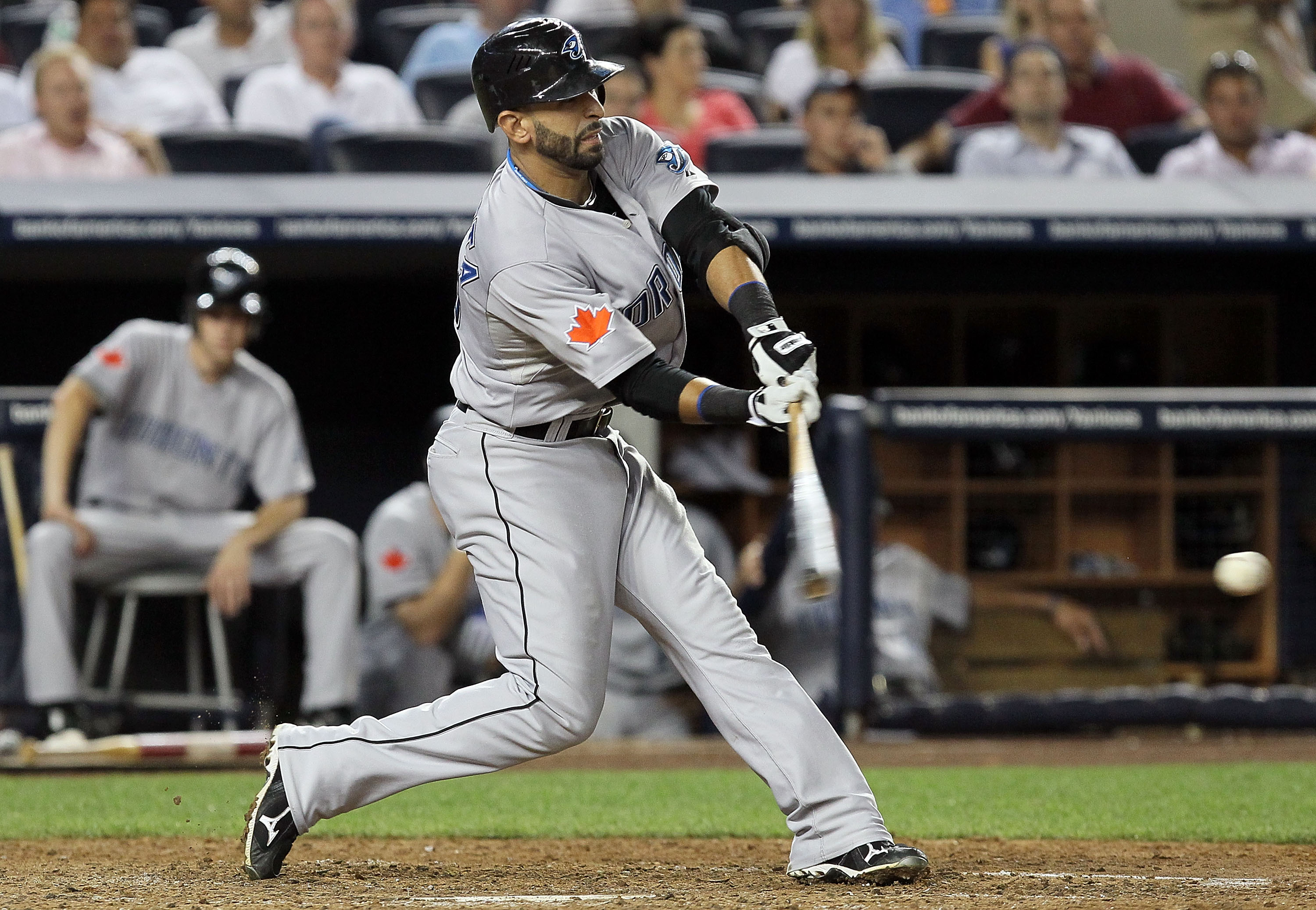NEW YORK - AUGUST 03:  Jose Bautista #19 of the Toronto Blue Jays bats against of the New York Yankees on August 3, 2010 at Yankee Stadium in the Bronx borough of New York City. The Jays defeated the Yankees 8-2.  (Photo by Jim McIsaac/Getty Images)