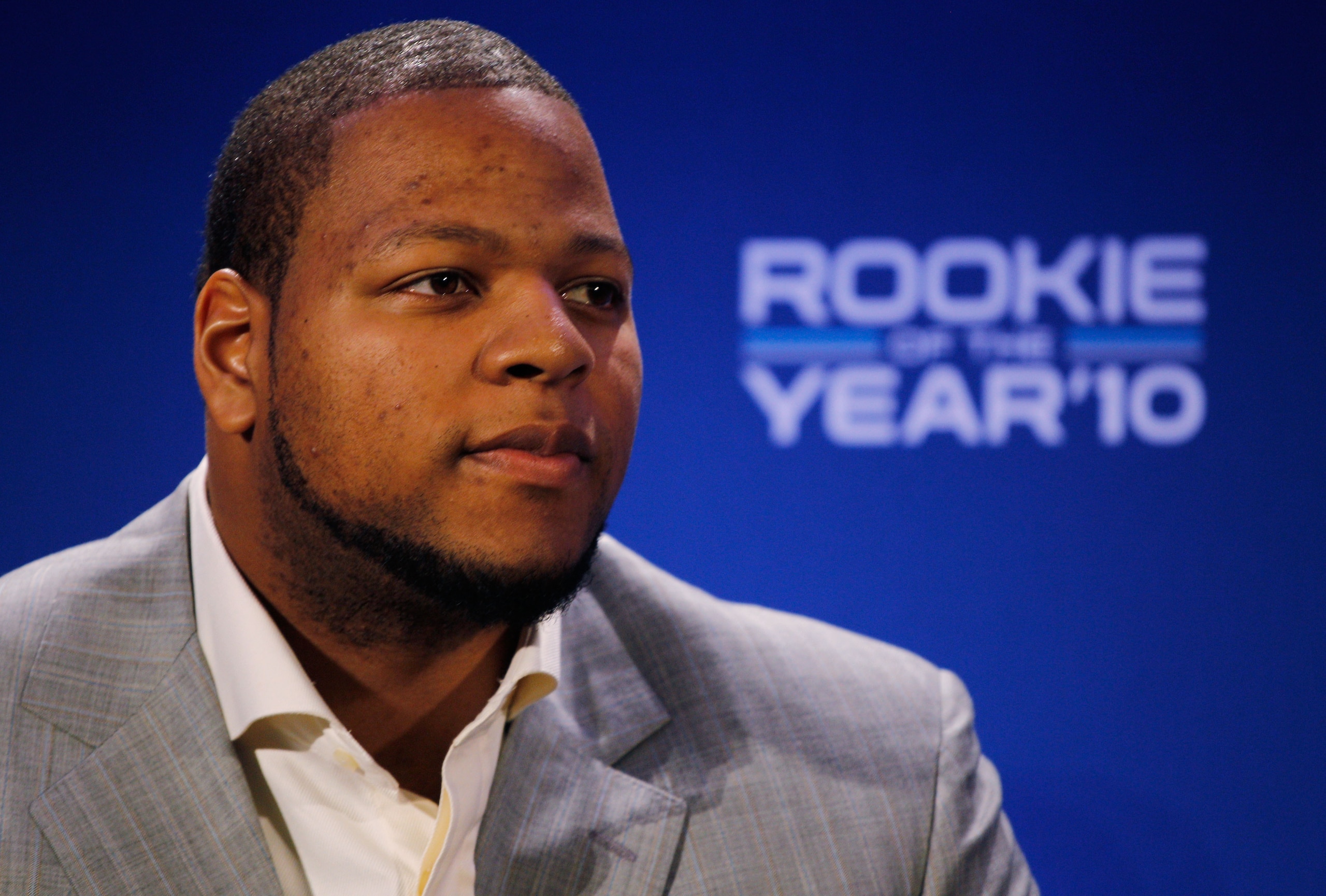 DALLAS, TX - FEBRUARY 03:  Ndamukong Suh #90 of the Detroit Lions speaks during a press conference where he accepted Pepsi's 2010 NFL Rookie of the Year Award at the Super Bowl XLV media center on February 3, 2011 in Dallas, Texas. The Green Bay Packers w