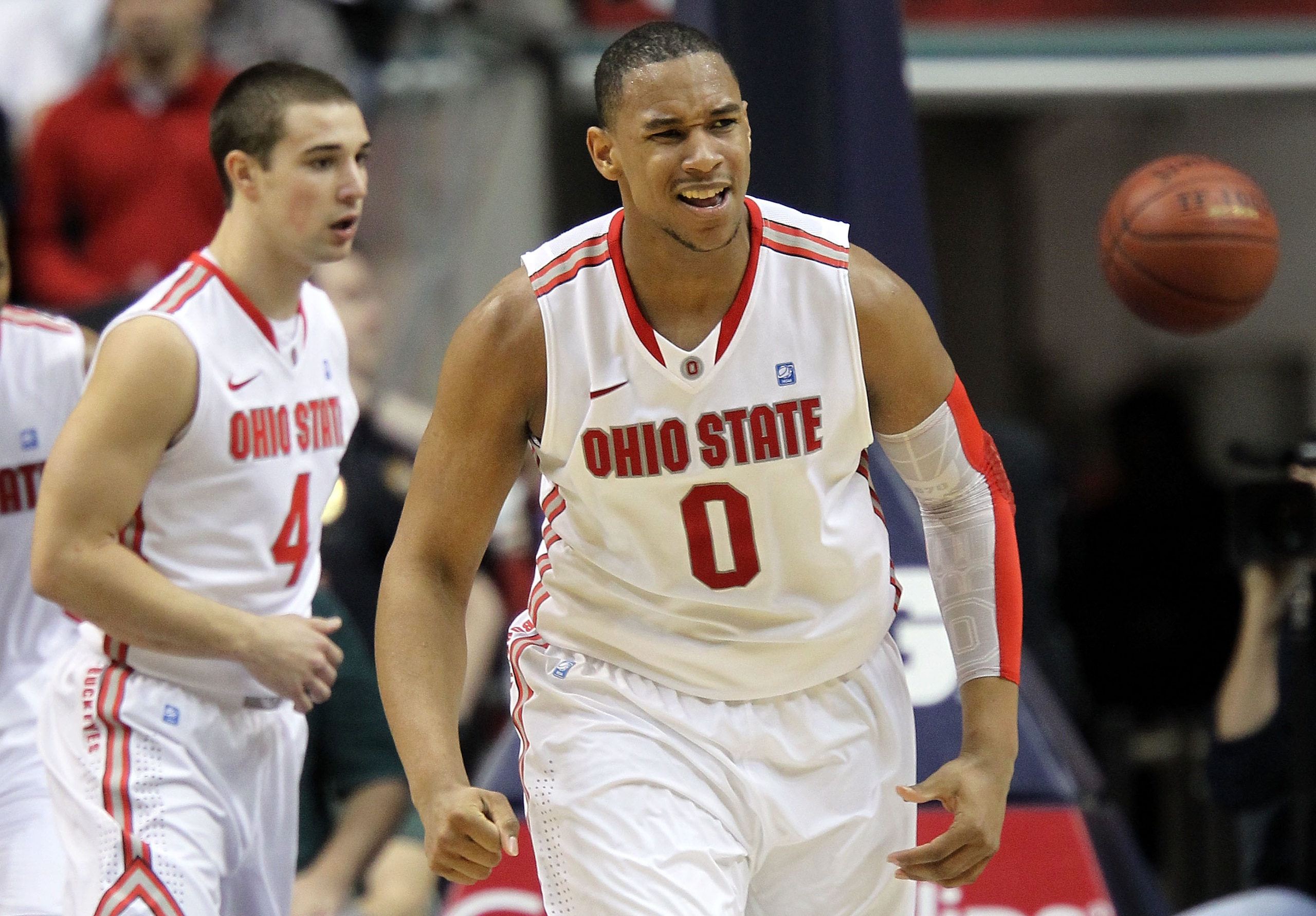 INDIANAPOLIS, IN - MARCH 12:  Jared Sullinger #0 of the Ohio State Buckeyes reacts against the Michigan Wolverines during the semifinals of the 2011 Big Ten Men's Basketball Tournament at Conseco Fieldhouse on March 12, 2011 in Indianapolis, Indiana.  (Ph