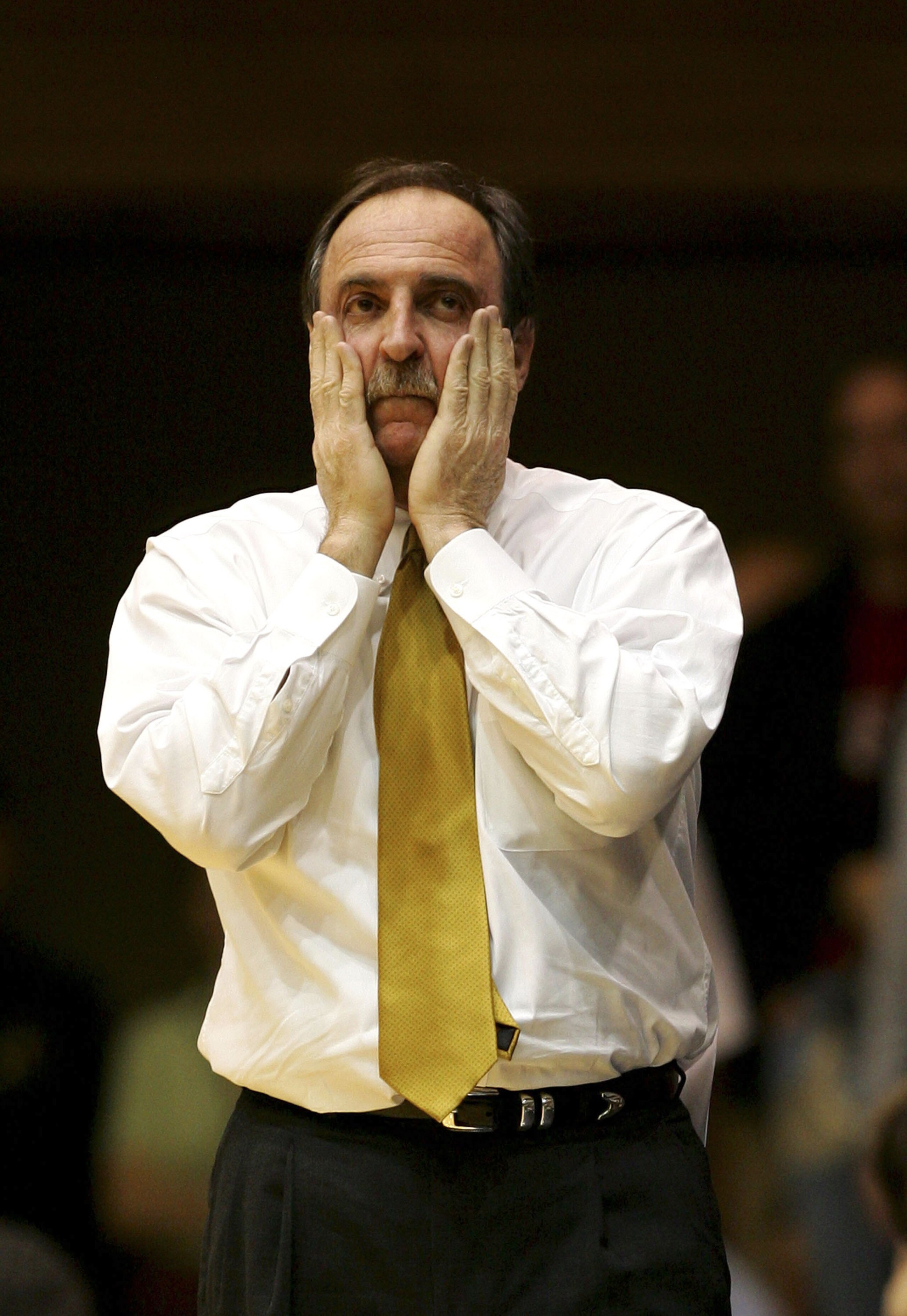 DURHAM, NC - JANUARY 2:  Head coach Fran Dunphy of the Temple Owls reacts to a 73-55 loss to the Duke Blue Devils during their game at Cameron Indoor Stadium January 2, 2007 in Durham, North Carolina.  (Photo by Streeter Lecka/Getty Images)