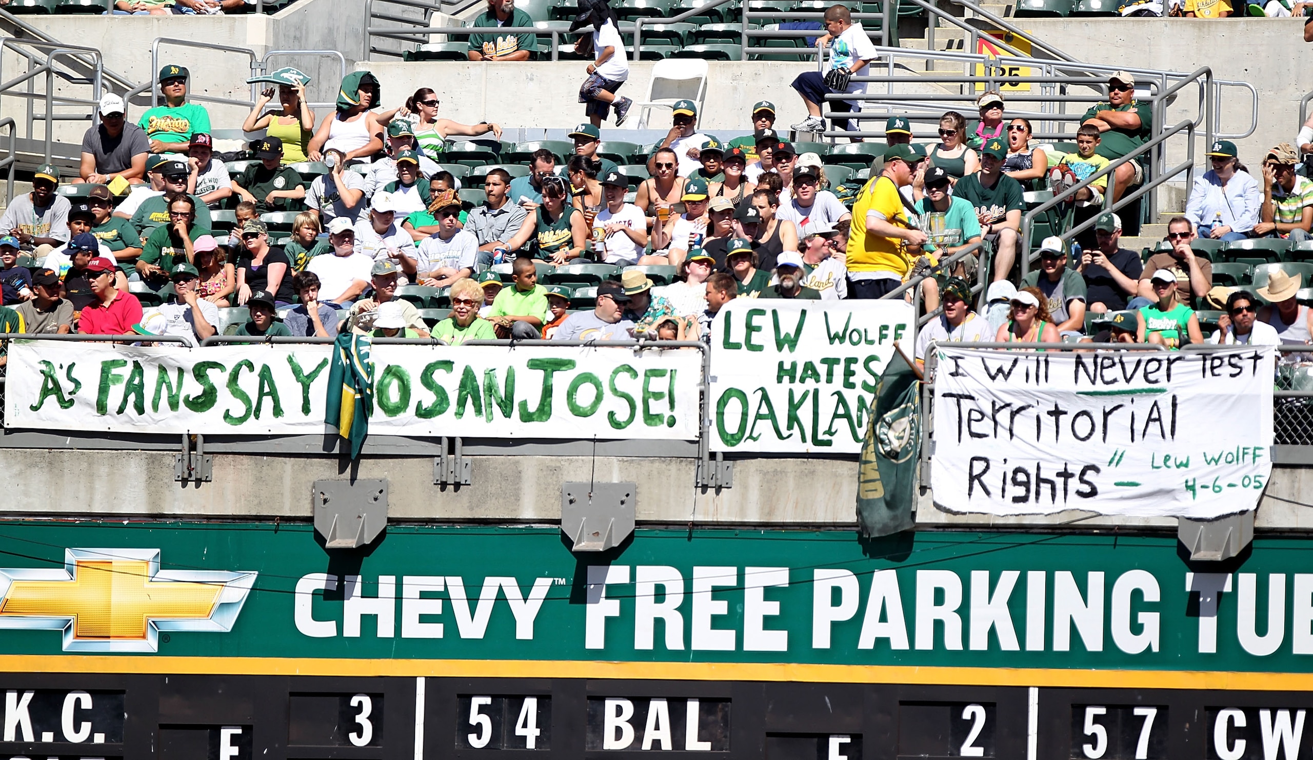 OAKLAND, CA - SEPTEMBER 26: Fans of the Oakland Athletics look on against the Texas Rangers during a Major League Baseball game at the Oakland-Alameda County Coliseum on September 26, 2010 in Oakland, California. (Photo by Jed Jacobsohn/Getty Images) OAKLAND, CA - SEPTEMBER 26: Fans of the Oakland Athletics look on against the Texas Rangers during a Major League Baseball game at the Oakland-Alameda County Coliseum on September 26, 2010 in Oakland, California. (Photo by Jed Jacobsohn/Getty Images)