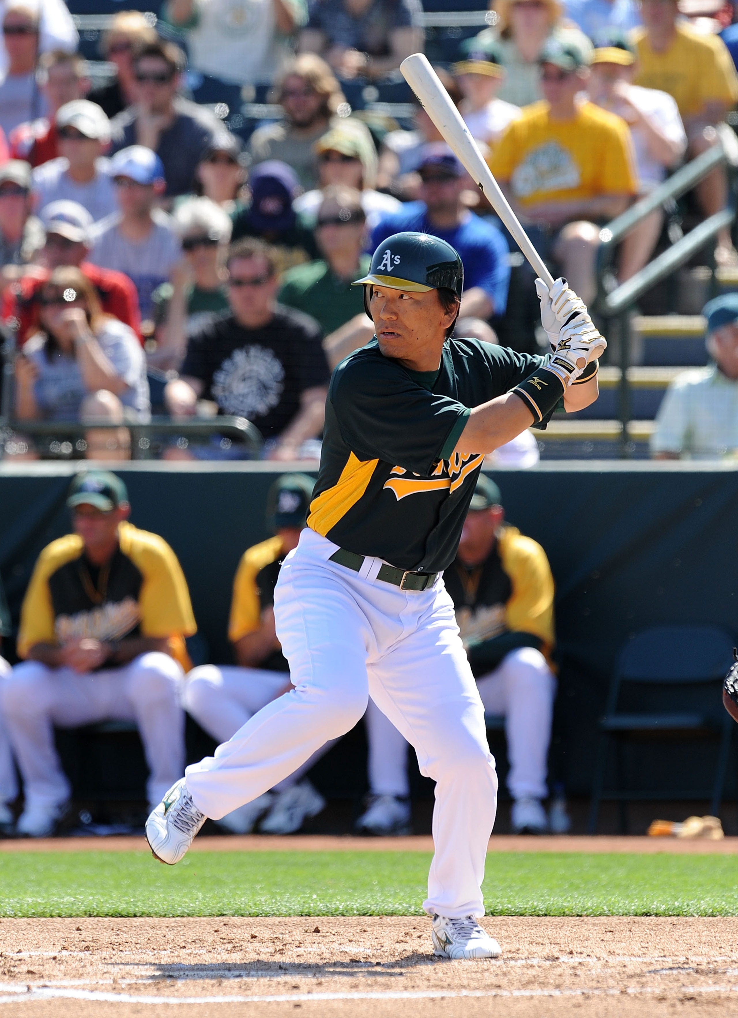 PHOENIX, AZ - MARCH 04: Hideki Matsui #55 of the Oakland Athletics gets ready in the batters box against the Texas Rangers at Phoenix Municipal Stadium on March 4, 2011 in Phoenix, Arizona. (Photo by Norm Hall/Getty Images) PHOENIX, AZ - MARCH 04: Hideki Matsui #55 of the Oakland Athletics gets ready in the batters box against the Texas Rangers at Phoenix Municipal Stadium on March 4, 2011 in Phoenix, Arizona. (Photo by Norm Hall/Getty Images)