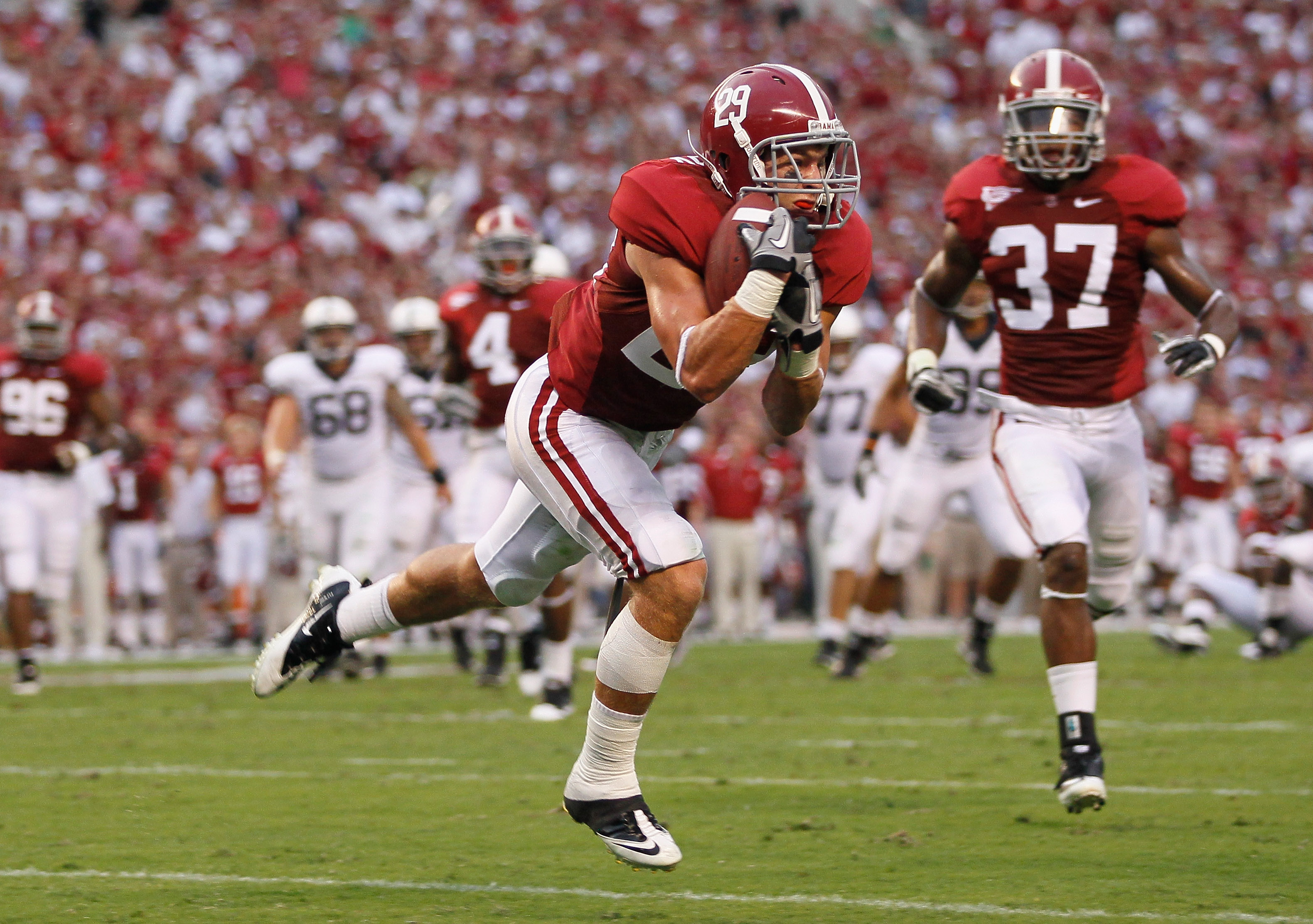 TUSCALOOSA, AL - SEPTEMBER 11:  Will Lowery #29 of the Alabama Crimson Tide intercepts a pass by the Penn State Nittany Lions at Bryant-Denny Stadium on September 11, 2010 in Tuscaloosa, Alabama.  (Photo by Kevin C. Cox/Getty Images)