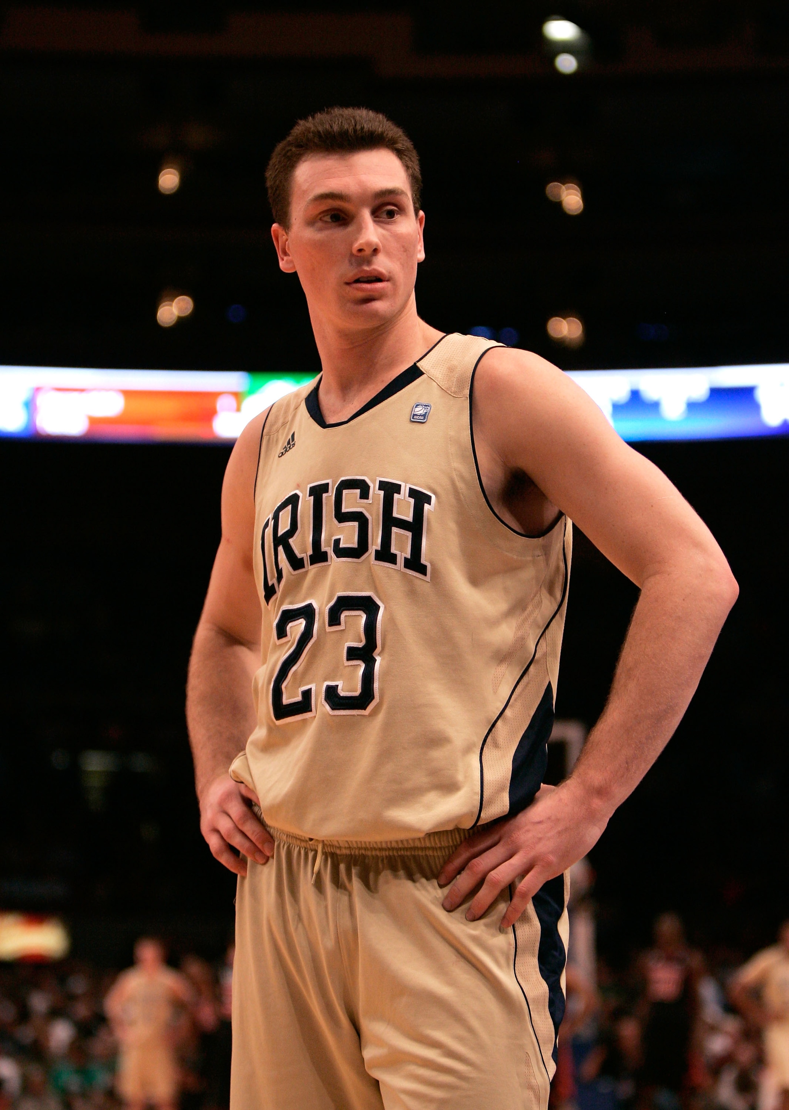 NEW YORK, NY - MARCH 11: Ben Hansbrough #23 of the Notre Dame Fighting Irish looks on during a timeout against the Louisville Cardinals during the semifinals of the 2011 Big East Men's Basketball Tournament presented by American Eagle Outfitters at Madiso