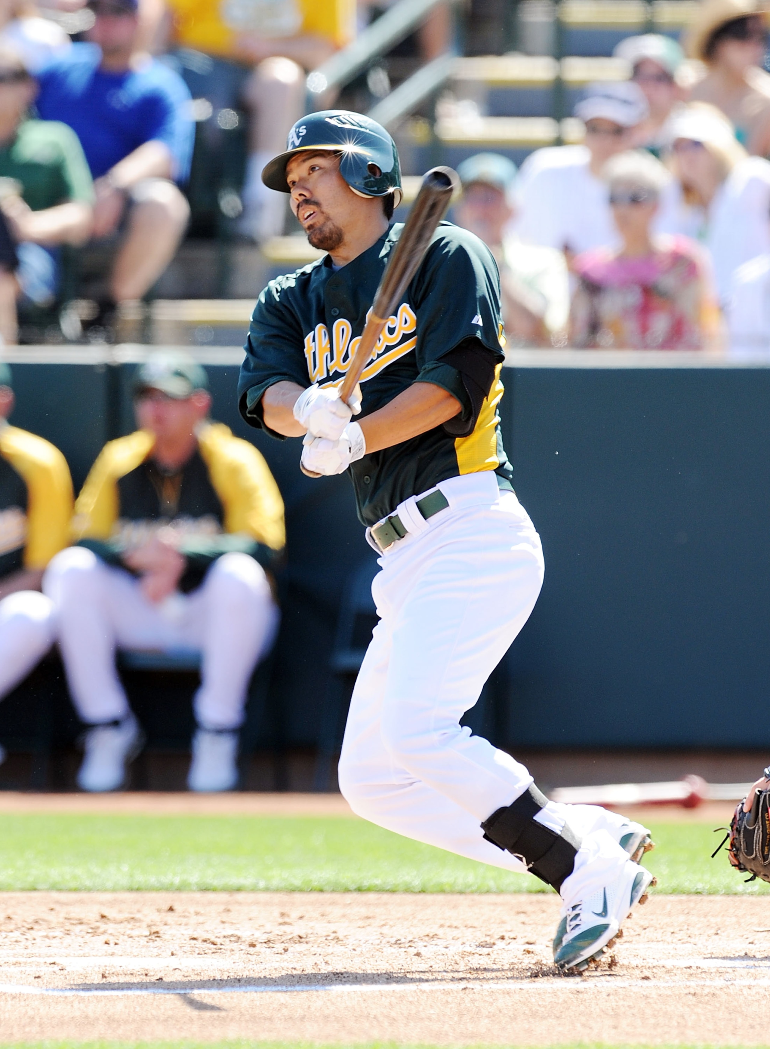 PHOENIX, AZ - MARCH 04: Kurt Suzuki #8 of the Oakland Athletics follows through after a swing against the Texas Rangers at Phoenix Municipal Stadium on March 4, 2011 in Phoenix, Arizona. (Photo by Norm Hall/Getty Images) PHOENIX, AZ - MARCH 04: Kurt Suzuki #8 of the Oakland Athletics follows through after a swing against the Texas Rangers at Phoenix Municipal Stadium on March 4, 2011 in Phoenix, Arizona. (Photo by Norm Hall/Getty Images)