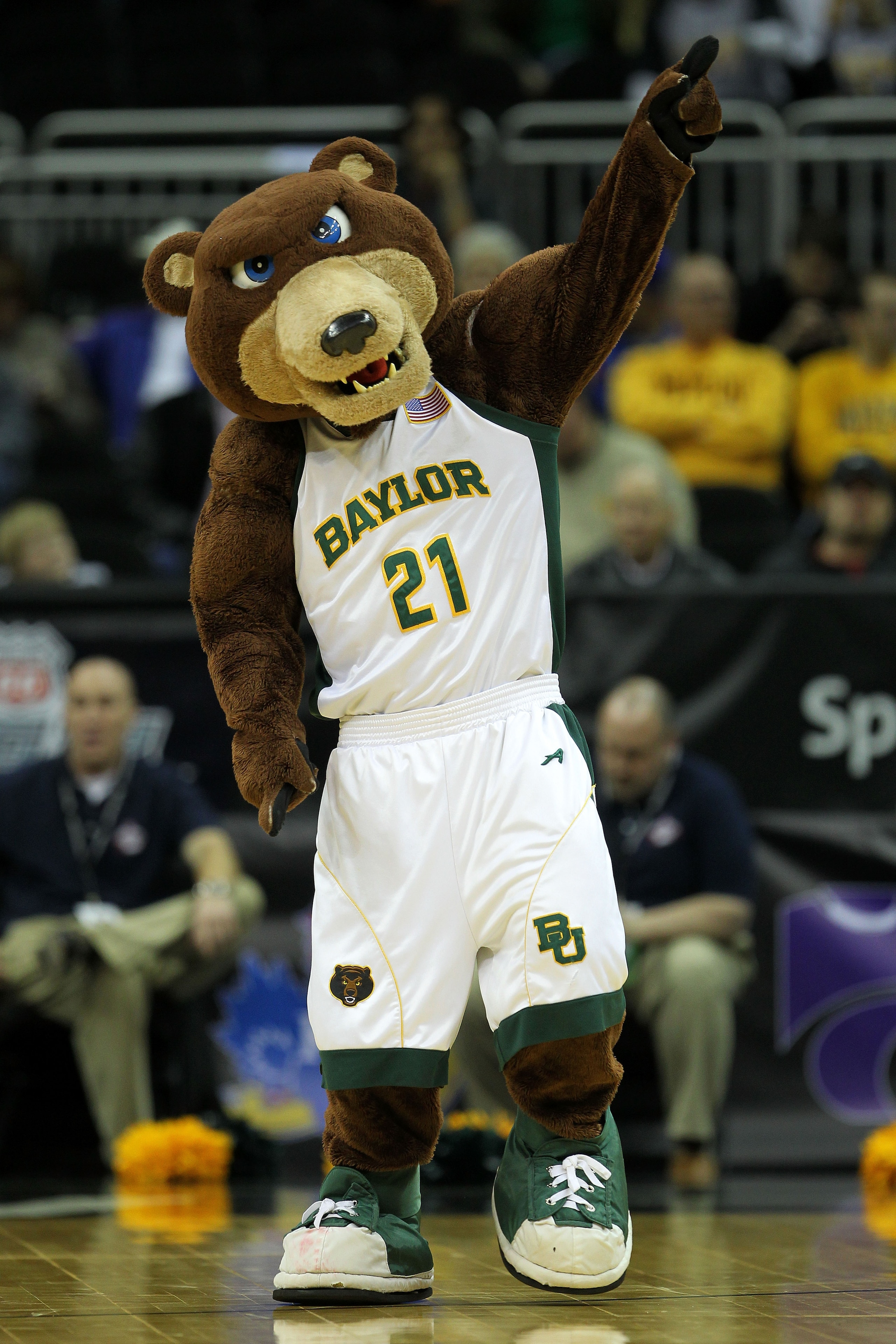 KANSAS CITY, MO - MARCH 09:  Baylor Bears mascot Bruiser performs during their game against the Oklahoma Sooners in the first round of the 2011 Phillips 66 Big 12 Men's Basketball Tournament at Sprint Center on March 9, 2011 in Kansas City, Missouri.  (Ph