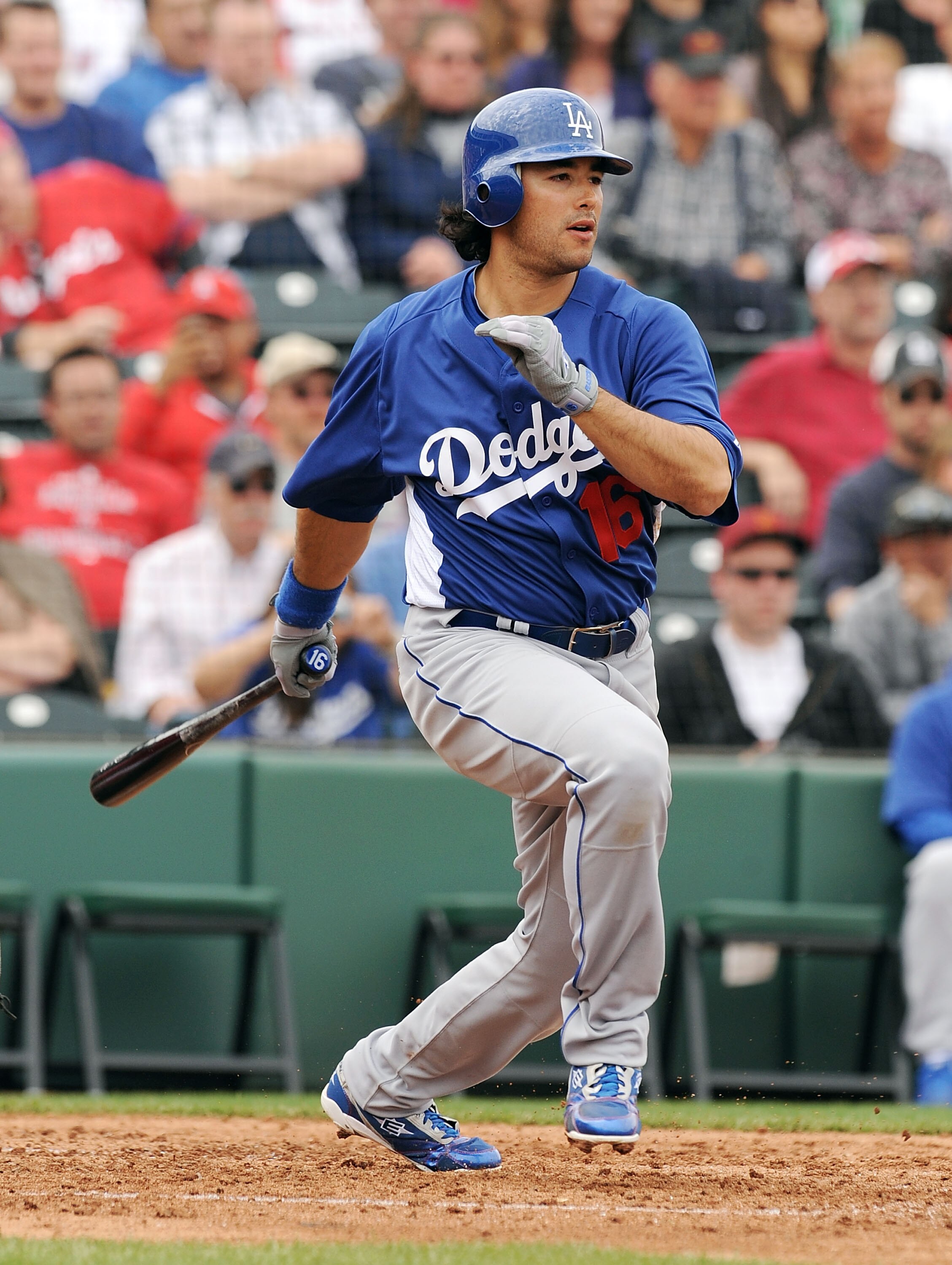 TEMPE, AZ - FEBRUARY 26:  Andre Ethier #16 of the Los Angeles Dodgers turns on a pitch against the Los Angeles Angels of Anaheim at Tempe Diablo Stadium on February 26, 2011 in Tempe, Arizona.  (Photo by Norm Hall/Getty Images)