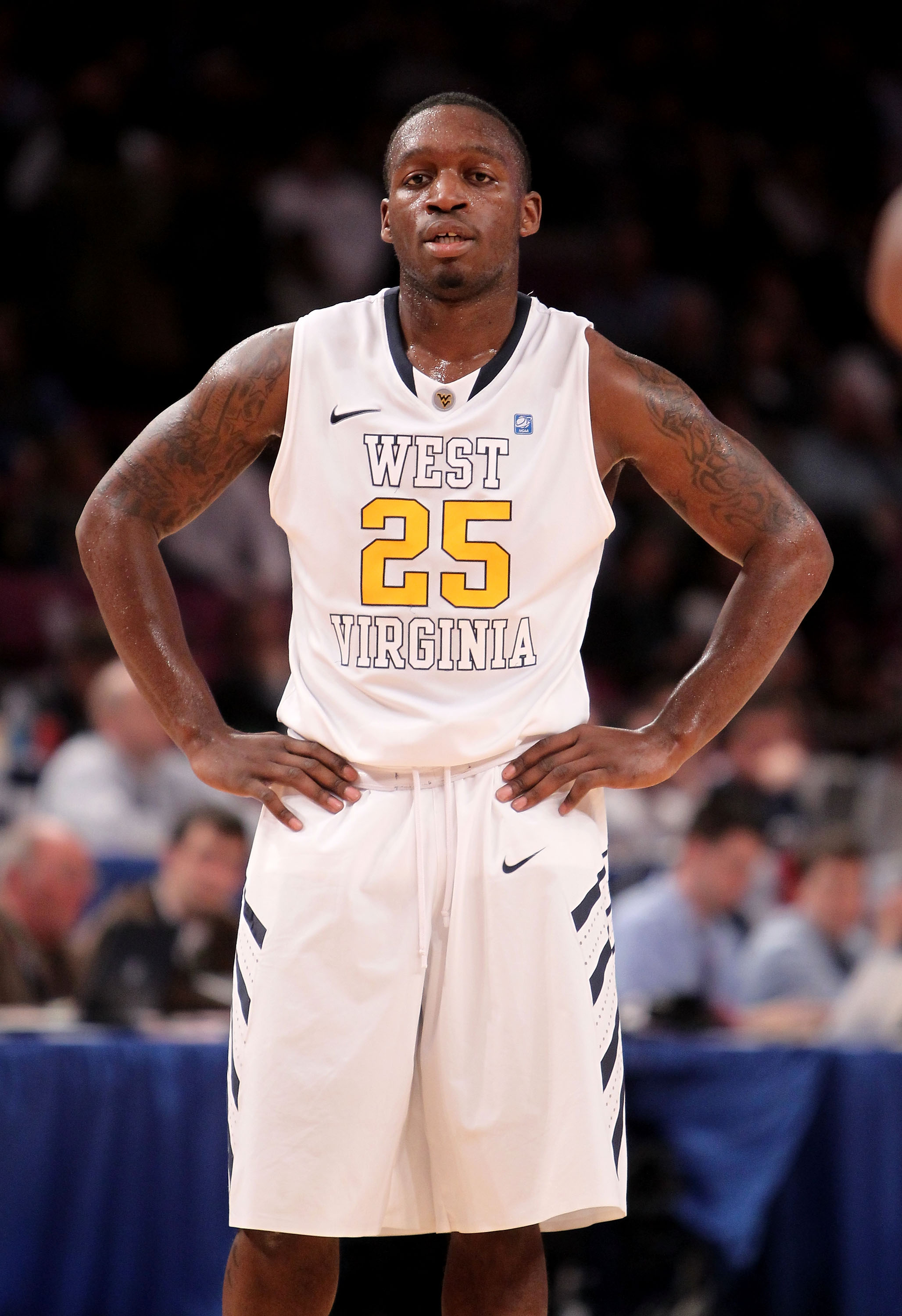 NEW YORK, NY - MARCH 09: Darryl Bryant #25 of the West Virginia Mountaineers looks on during the game against the Marquette Golden Eagles during the second round of the 2011 Big East Men's Basketball Tournament presented by American Eagle Outfitters at Ma